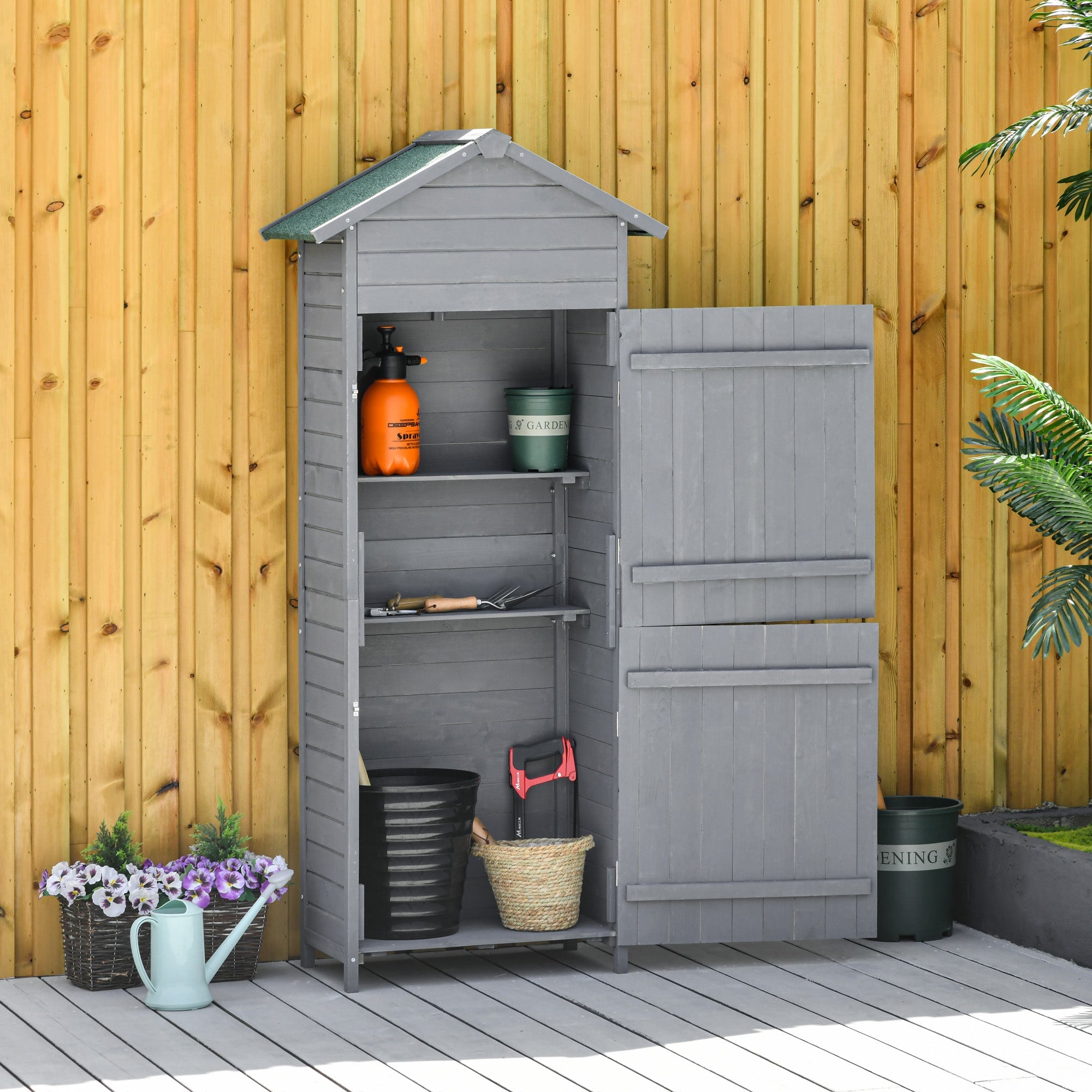 Wooden Garden Storage Shed Utility Gardener Cabinet w/ 3 Shelves, Tilted-felt Roof and Two Lockable Doors, 79cm x 49cm x 191.5cm, Dark Grey Outsunny