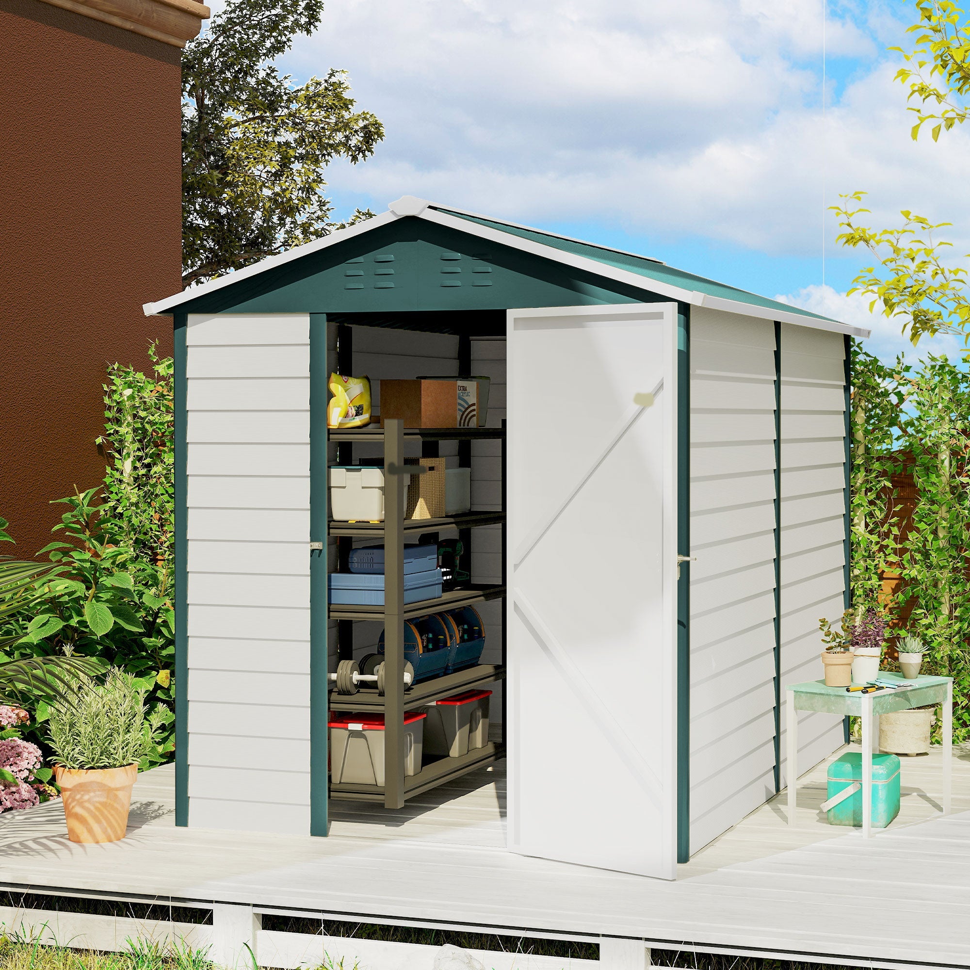 9x 6FT Metal Outdoor Garden Shed, Galvanised Tool Storage Shed w/ Sloped Roof, Lockable Door for Patio Lawn, Green Outsunny