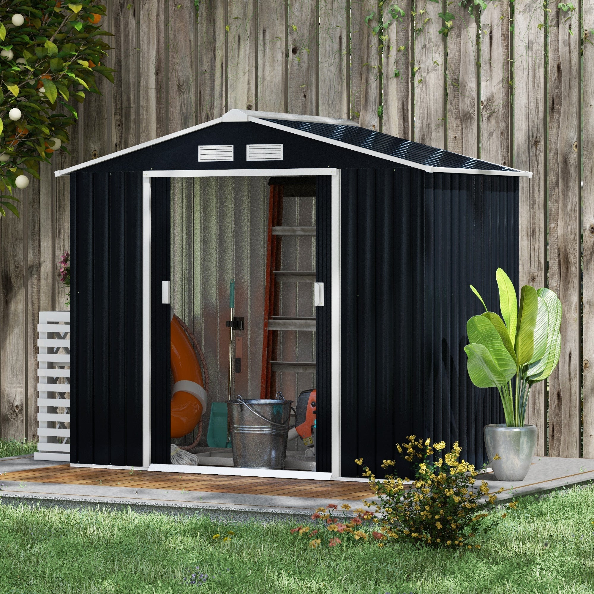 7 x 4ft Weatherproof Shed, Outdoor Bike Storage Shed with Ventilation Slots, Foundation Kit and Lockable Double Doors Outsunny