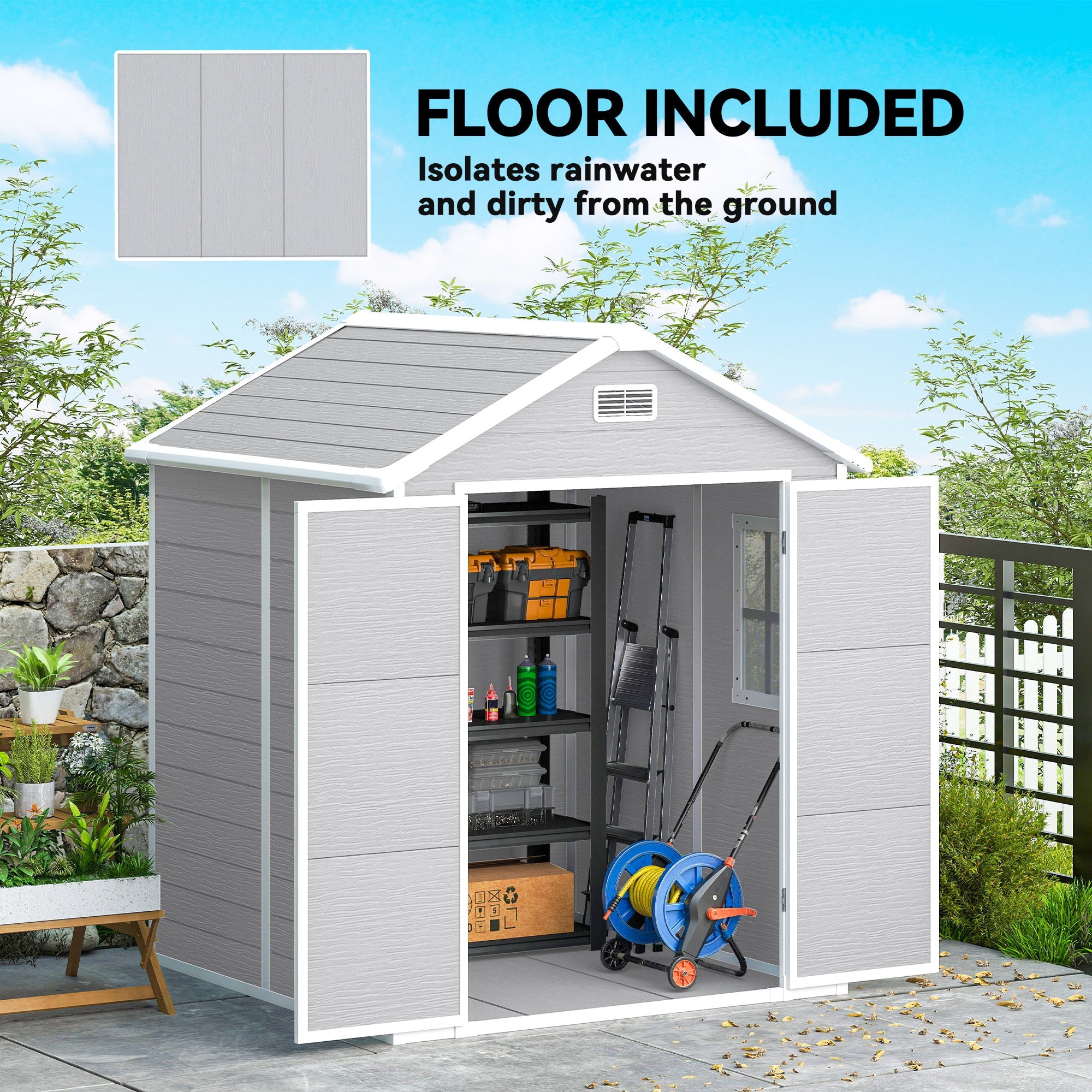 6 x 5ft Garden Shed, Plastic Shed with Floor, Window, Lockable Doors and Vents, Wood Effect Resin Tool Shed for Outdoor Patio Outsunny