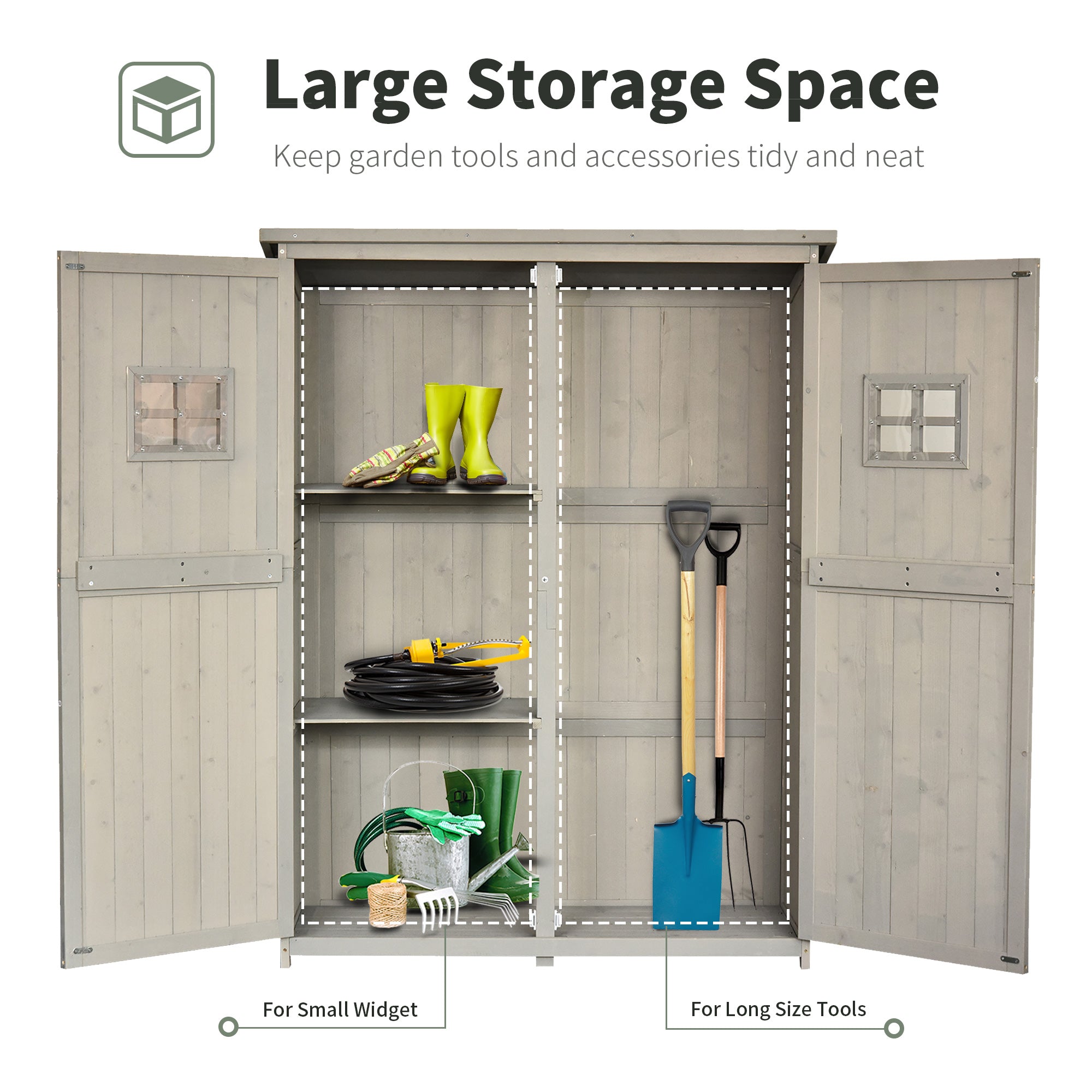 Wooden Garden Shed with Two Windows, Tool Storage Cabinet, Outdoor Double Door Organizer 127.5L x 50W x 164H cm Outsunny