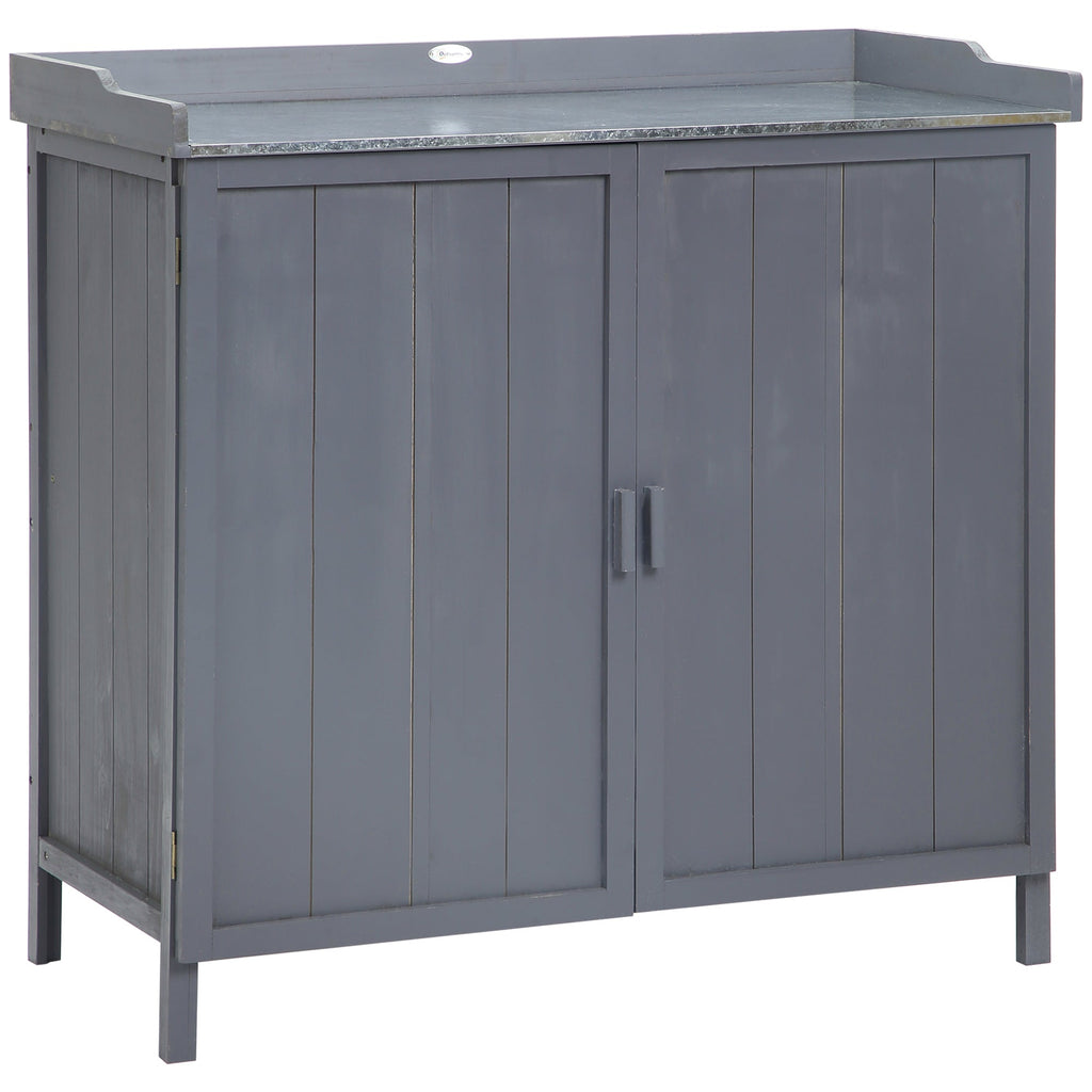 Garden Storage Cabinet, Outdoor Tool Shed, Potting Bench Table with Galvanized Top and Two Shelves for Yard Tools or Pool Accessories Outsunny