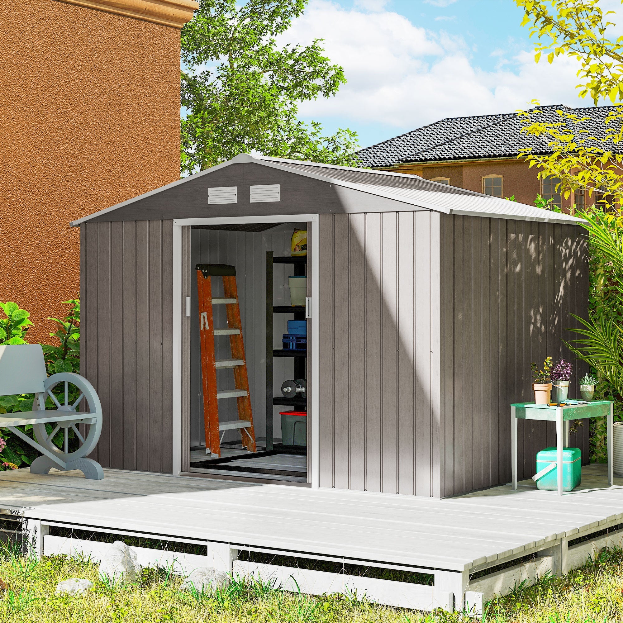 9 x 6ft Steel Garden Shed, Outdoor Storage Tool House with Vents, Foundation and Lockable Double Doors Outsunny