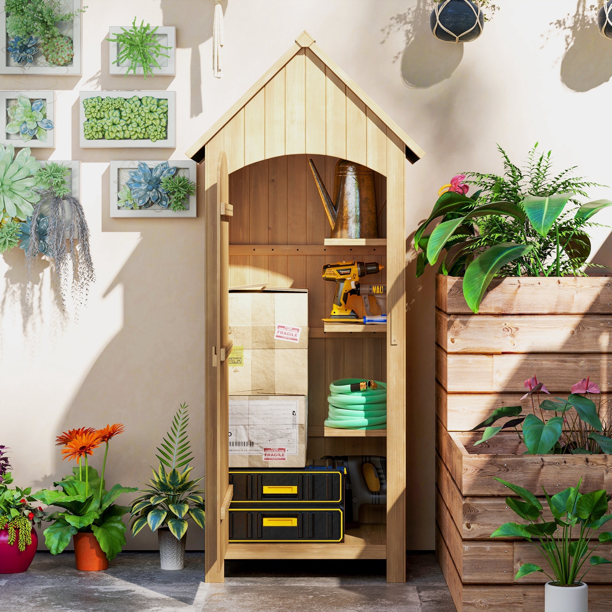 Small Shed, Wooden Garden Storage Shed with 3 Shelves, Outdoor Tool Storage Cabinet with Tilt Roof and Lockable Door, 77.5 x 54.2 x 179.5 cm, Natural Outsunny