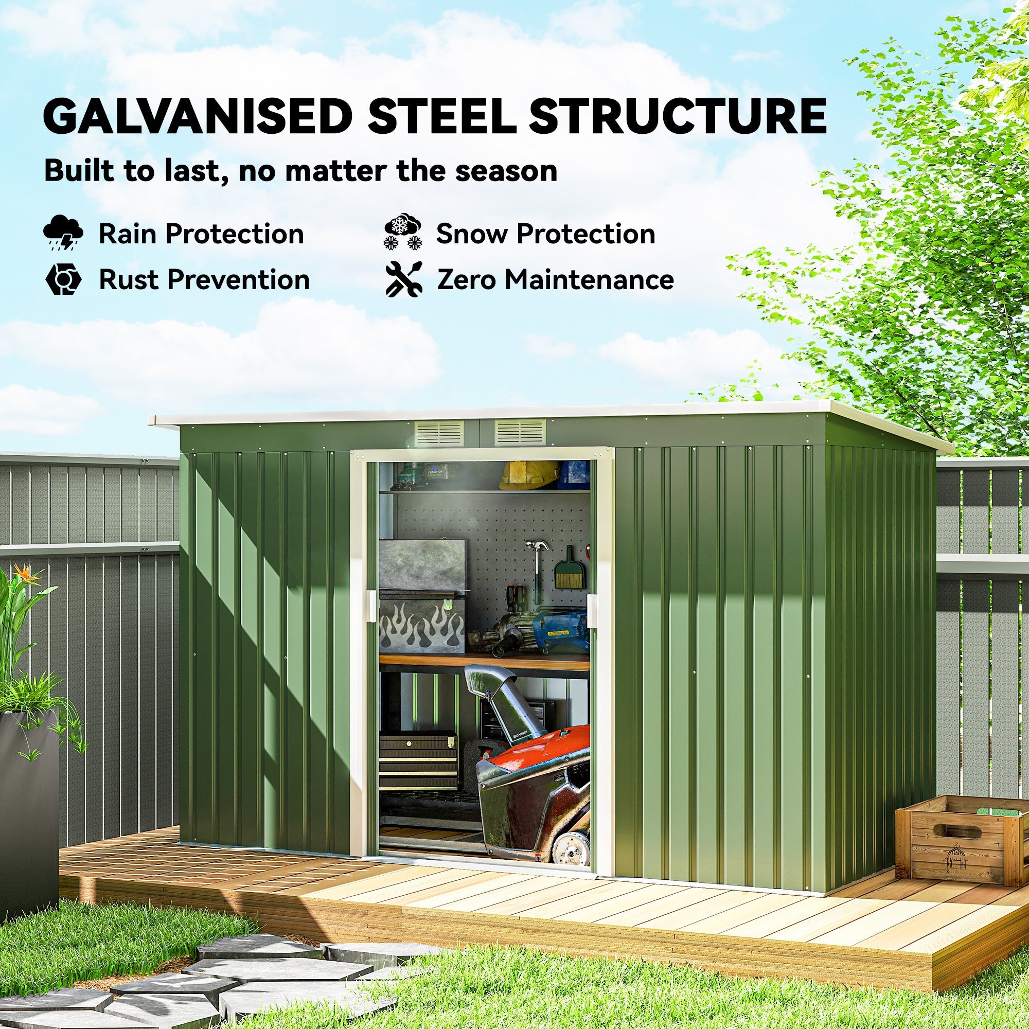 9ft x 4ft Metal Garden Shed, Outdoor Tool House with Foundation Kit, Ventilations and Double Doors Outsunny