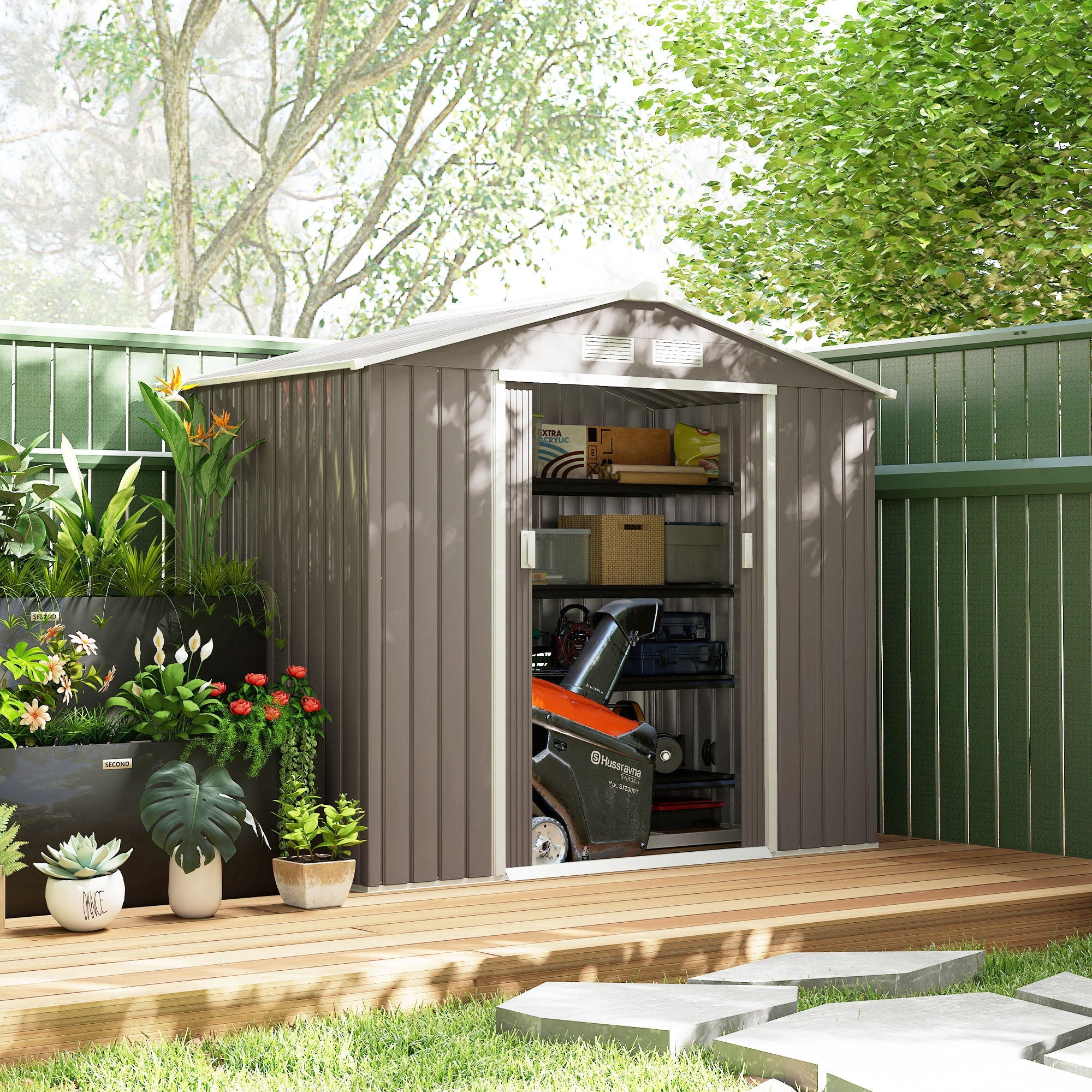7ft x 4ft Lockable Garden Metal Storage Shed Storage Roofed Tool Metal Shed w/ Air Vents Steel Outsunny