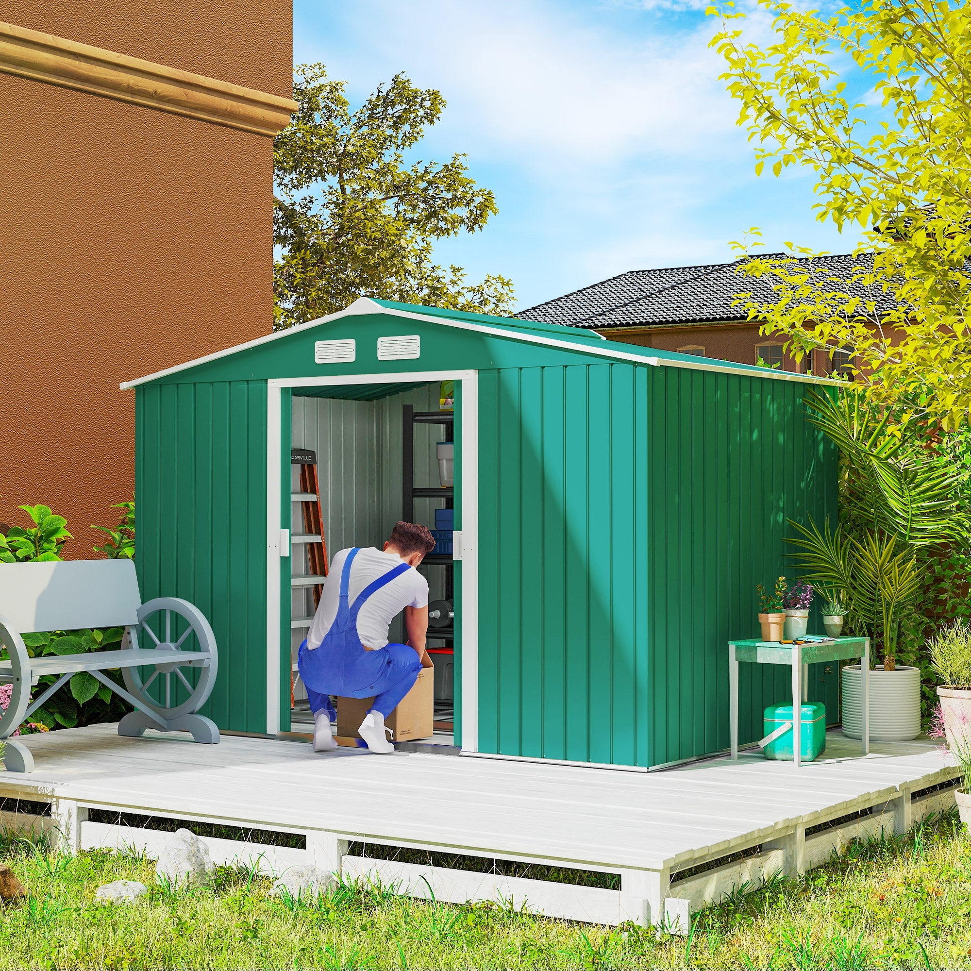 9 x 6ft Metal Garden Shed, Outdoor Storage Tool House with Ventilation Slots, Foundation Kit and Lockable Double Doors, Green Outsunny