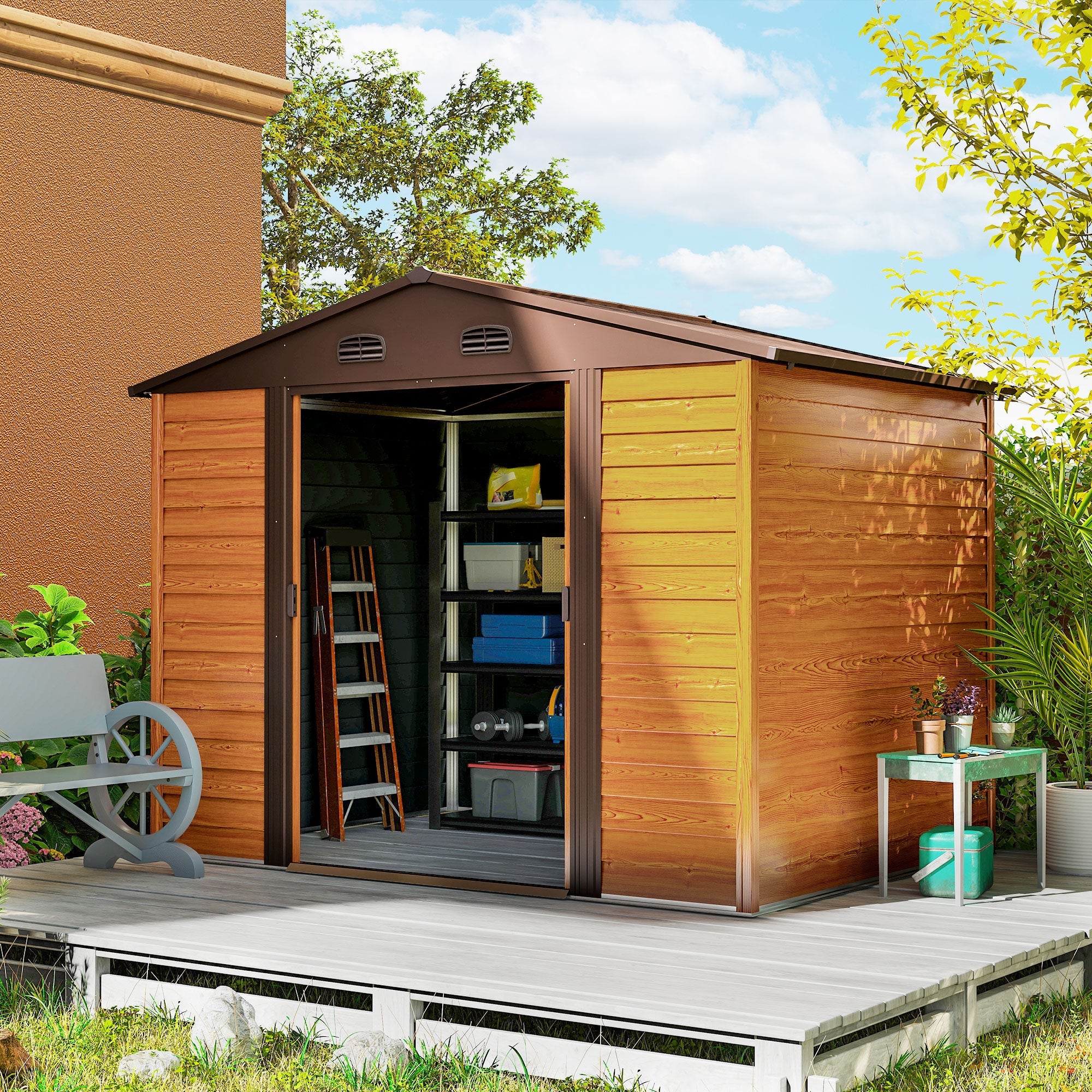 9 x 6ft Metal Garden Shed, House Hut Gardening Tool Storage with Ventilations, Sliding Door, Sloped Roof for Garden, Patio Outsunny