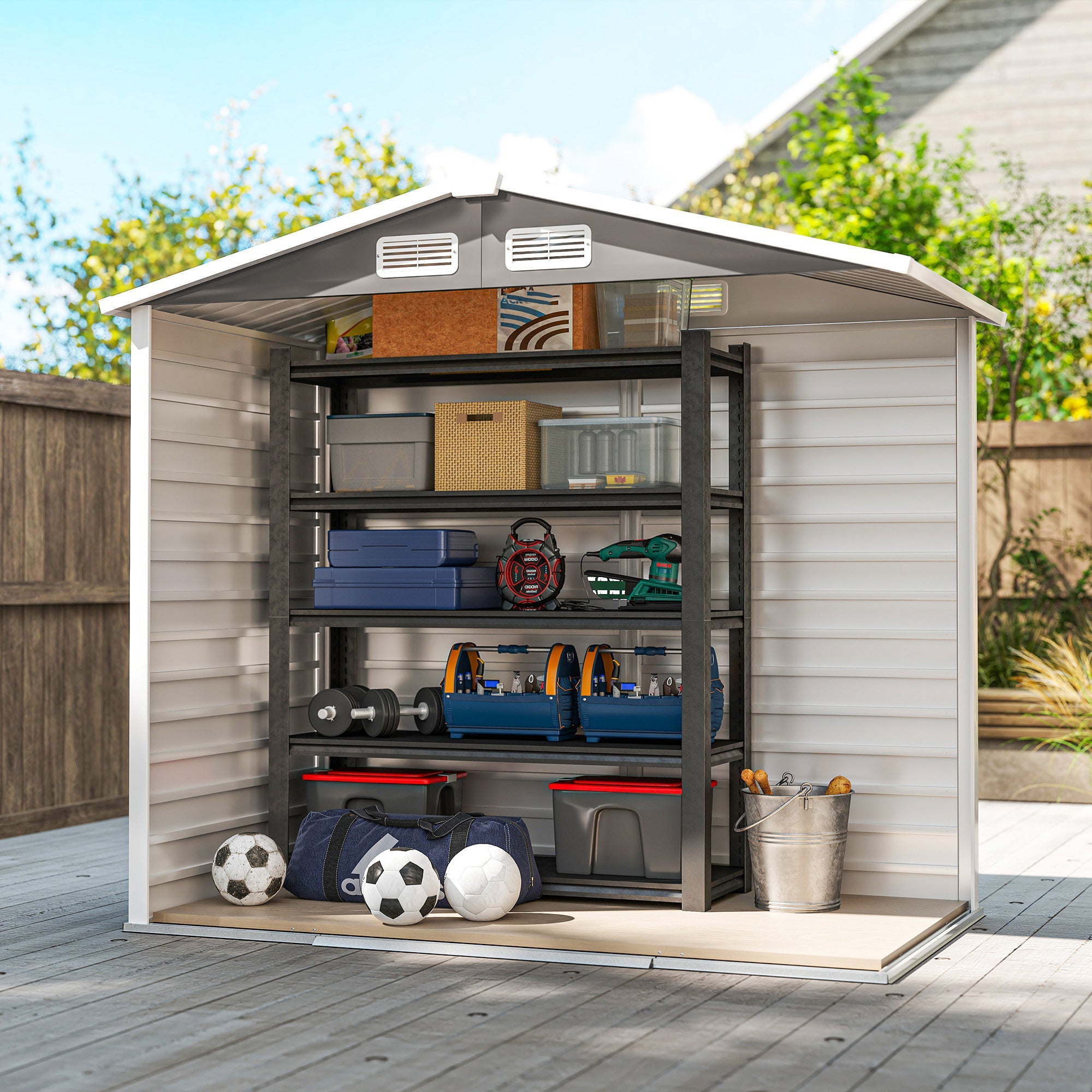 7 x 4ft Garden Shed, Easy to Assemble, Upgraded Galvanised Steel Frame with Foundation Kit, Double Doors with Lock, Outdoor Metal Shed with Vents and Gloves, Garden Storage Shed Outsunny