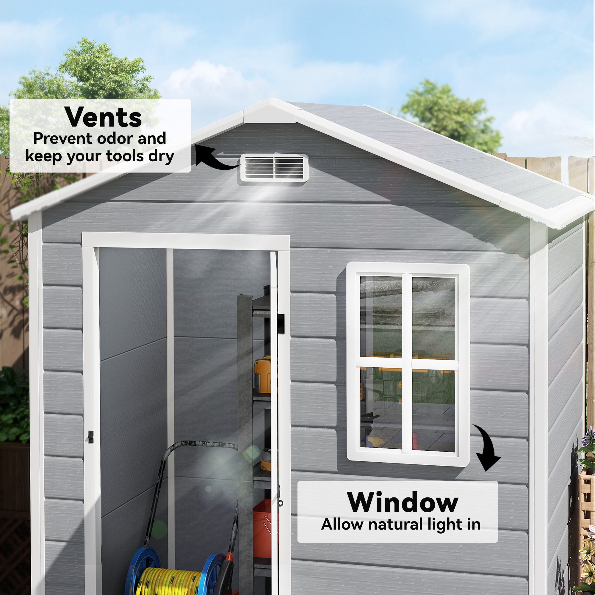 6 x 4ft Garden Shed, Plastic Shed with Floor, Window, Lockable Door and Vents, Wood Effect Resin Tool Shed for Outdoor, Grey Outsunny