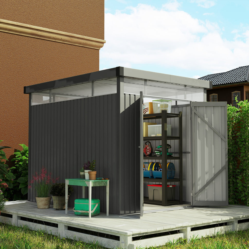5.3 x 8.5ft Galvanised Steel Garden Shed, Metal Shed with Roof Windows, Leakage Holes and Lockable Wide Door for Outdoor Patio Tool Storage Outsunny