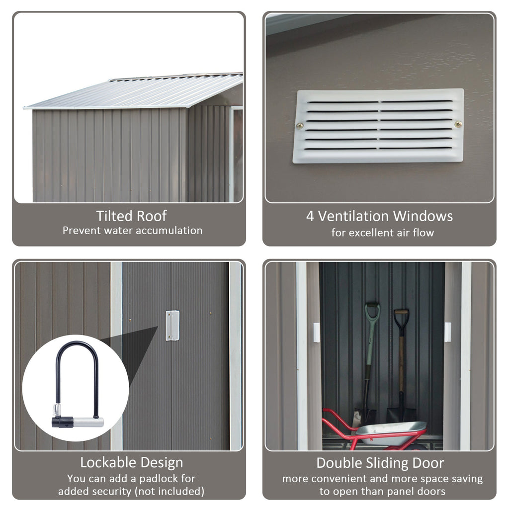 9 x 6FT Outdoor Garden Roofed Metal Storage Shed Tool Box with Foundation Ventilation & Doors Light Outsunny