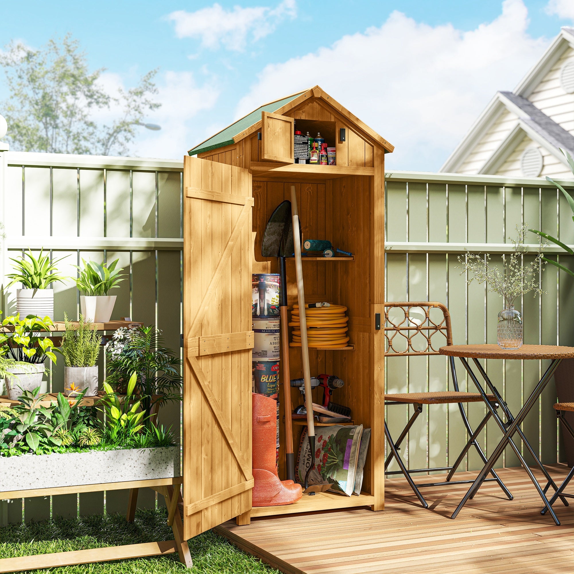 Garden Shed Wood Outdoor Garden Tool Storage Unit with 3 Detachable Shelves, 77 x 54.2 x 179cm Outsunny