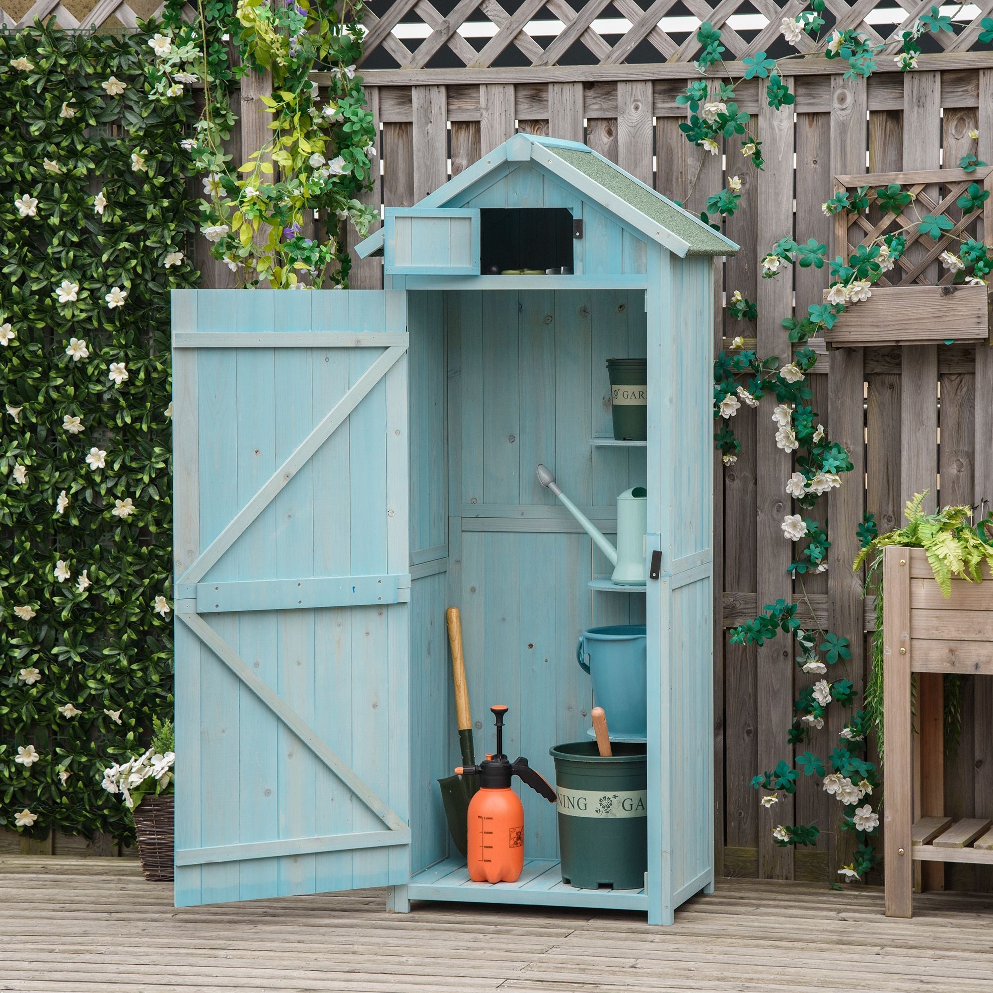 Garden Shed Vertical Utility 3 Shelves Shed Wood Outdoor Garden Tool Storage Unit Storage Cabinet, 77 x 54.2 x 179cm Outsunny