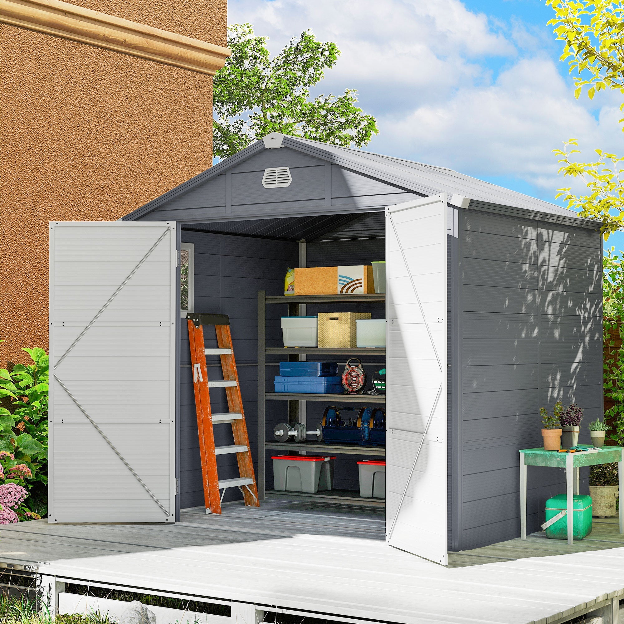 7.9ft x 6.2ft Aluminium Frame and Plastic Wall Shed, with Foundation Outsunny
