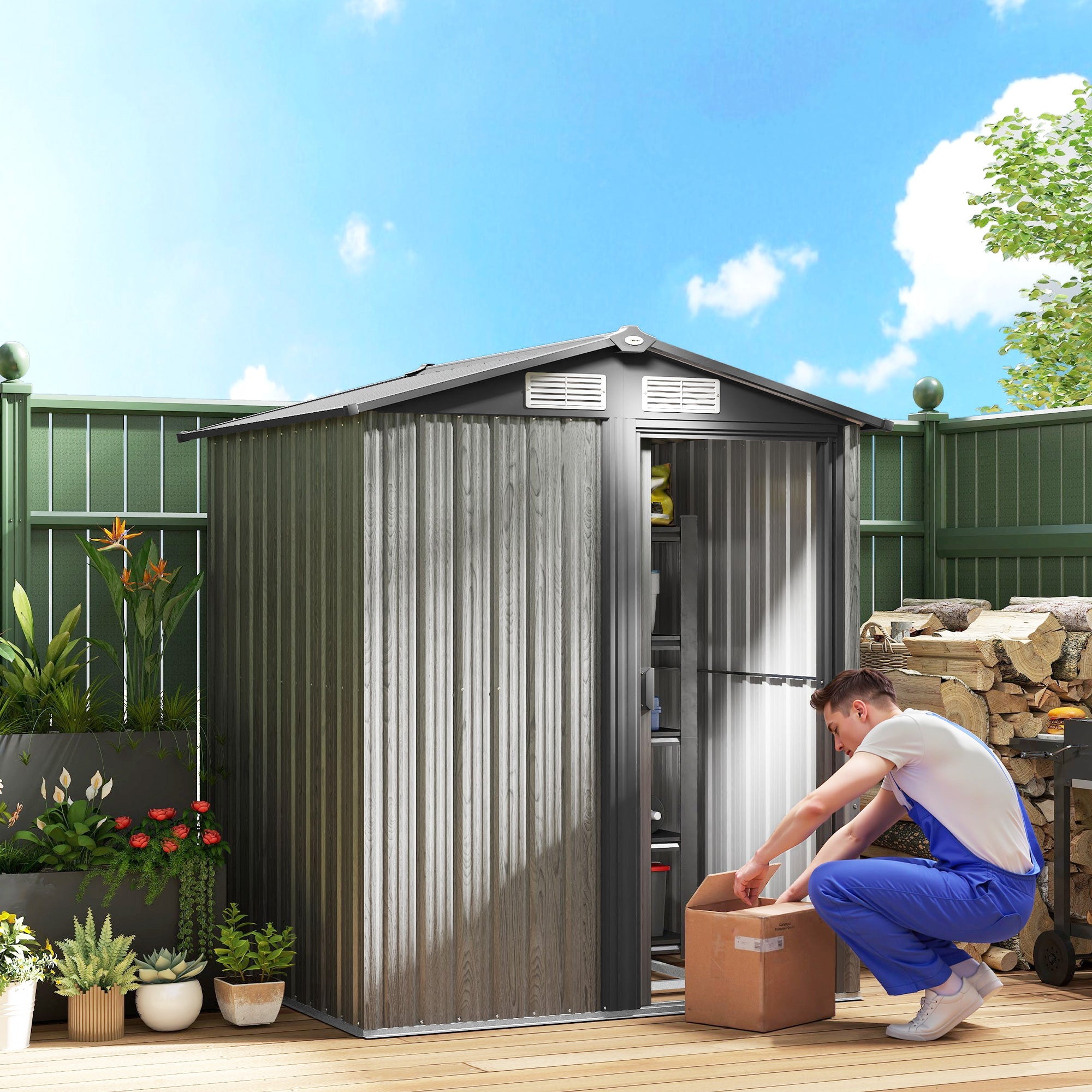 4.3 x 5ft Outdoor Garden Storage Shed Wood Effect Outsunny