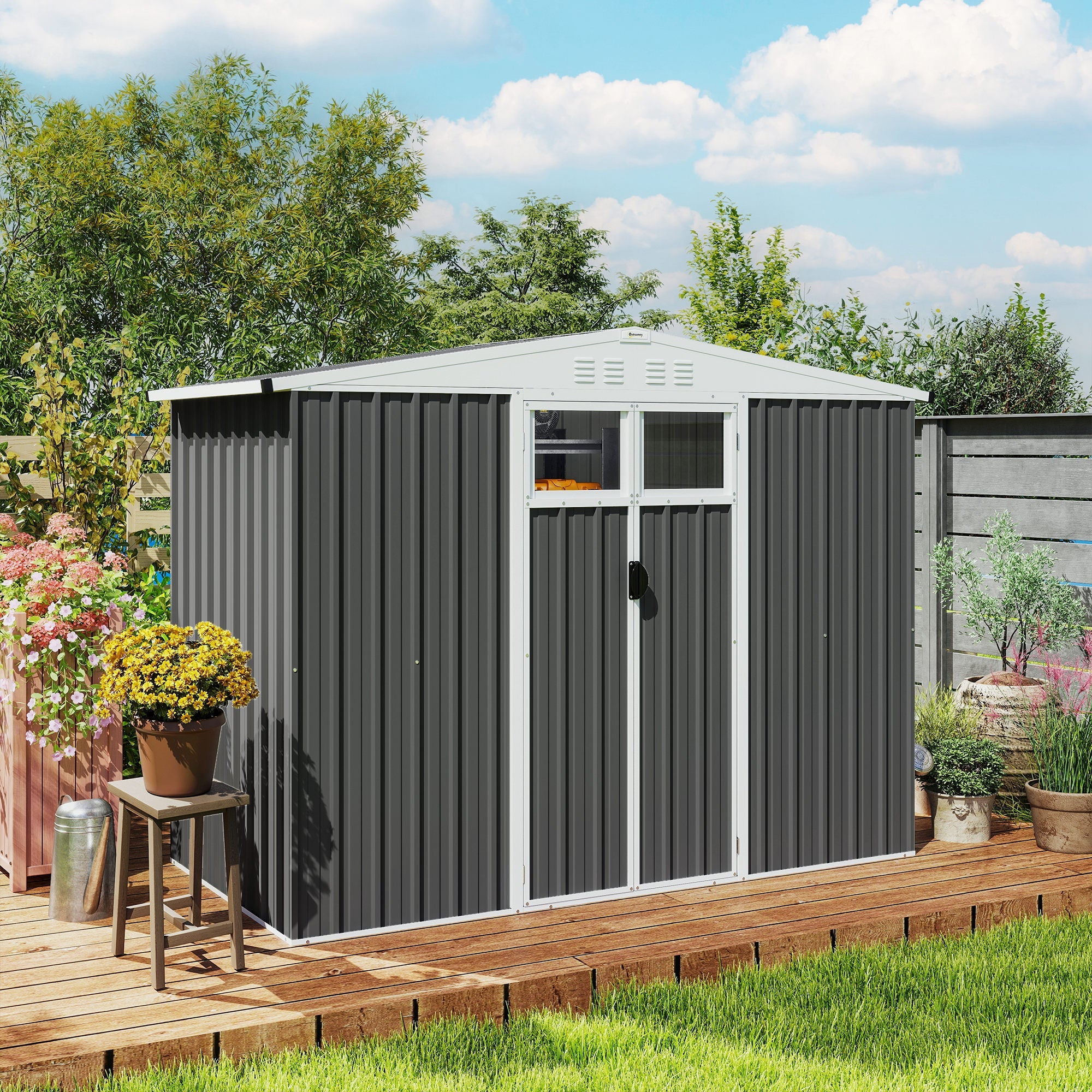 8 x 4 ft Metal Garden Shed, Garden Storage Shed with Window, 4 Vents and Lockable Door, Waterproof Galvanised Steel Tool Storage Cabinet Outsunny