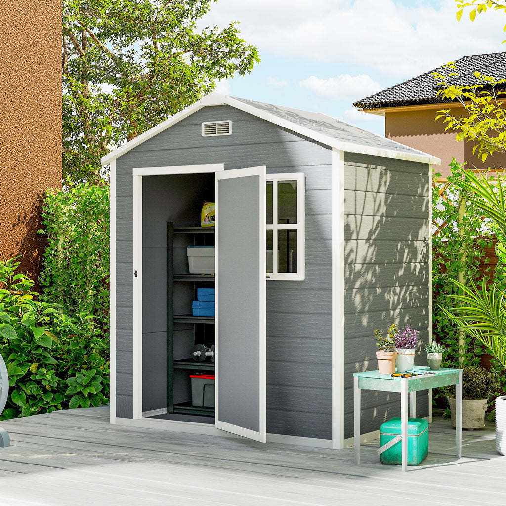 6 x 4ft Garden Shed, Plastic Shed with Floor, Window, Lockable Door and Vents, Wood Effect Resin Tool Shed for Outdoor, Grey Outsunny