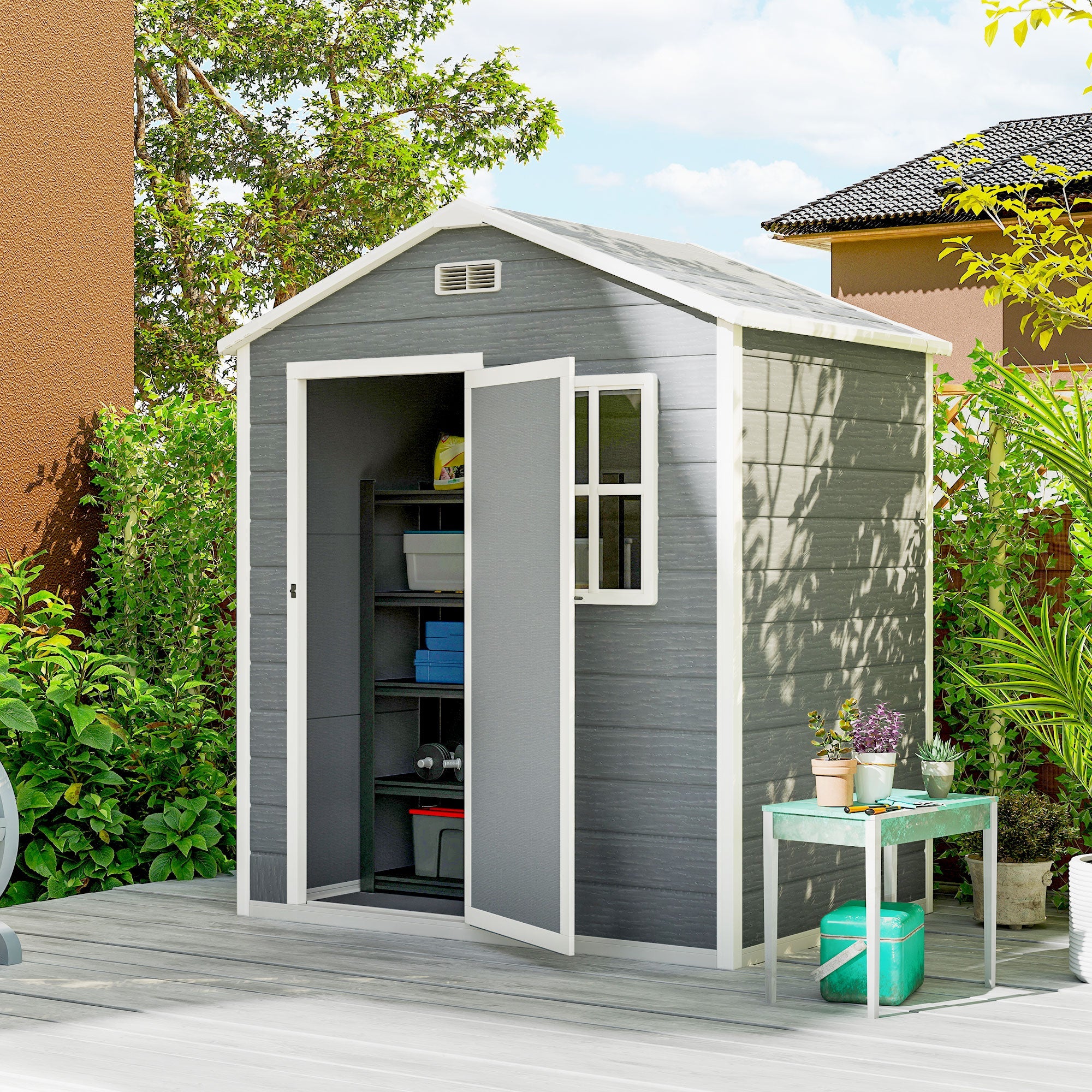 6 x 4ft Garden Shed, Plastic Shed with Floor, Window, Lockable Door and Vents, Wood Effect Resin Tool Shed for Outdoor, Grey Outsunny