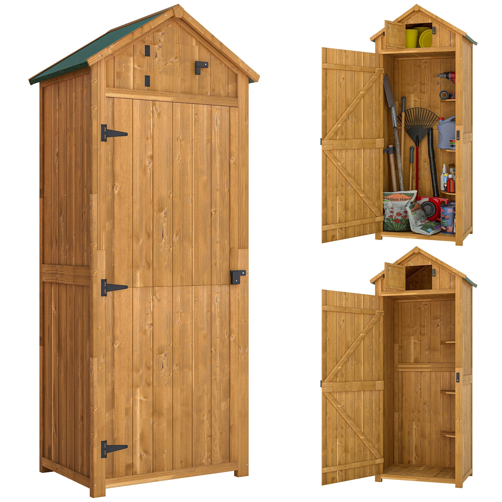 Garden Shed Wood Outdoor Garden Tool Storage Unit with 3 Detachable Shelves, 77 x 54.2 x 179cm Outsunny