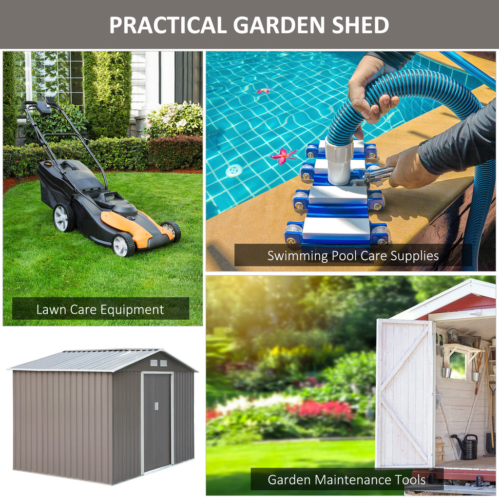9 x 6FT Outdoor Garden Roofed Metal Storage Shed Tool Box with Foundation Ventilation & Doors Light Outsunny