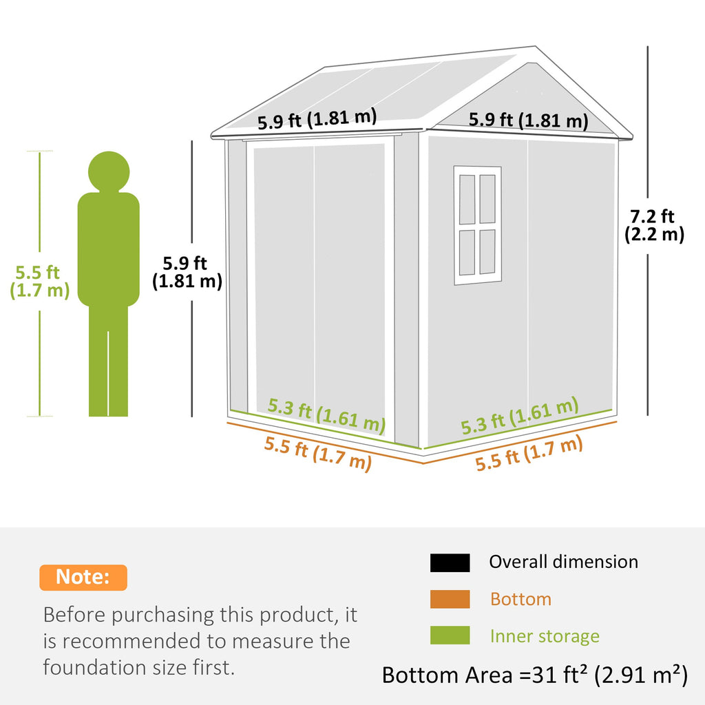 6 x 6ft Garden Shed with Floor, Window, Lockable Doors and Vents, Wood Effect Resin Tool Shed for Outdoor Patio, Grey Outsunny