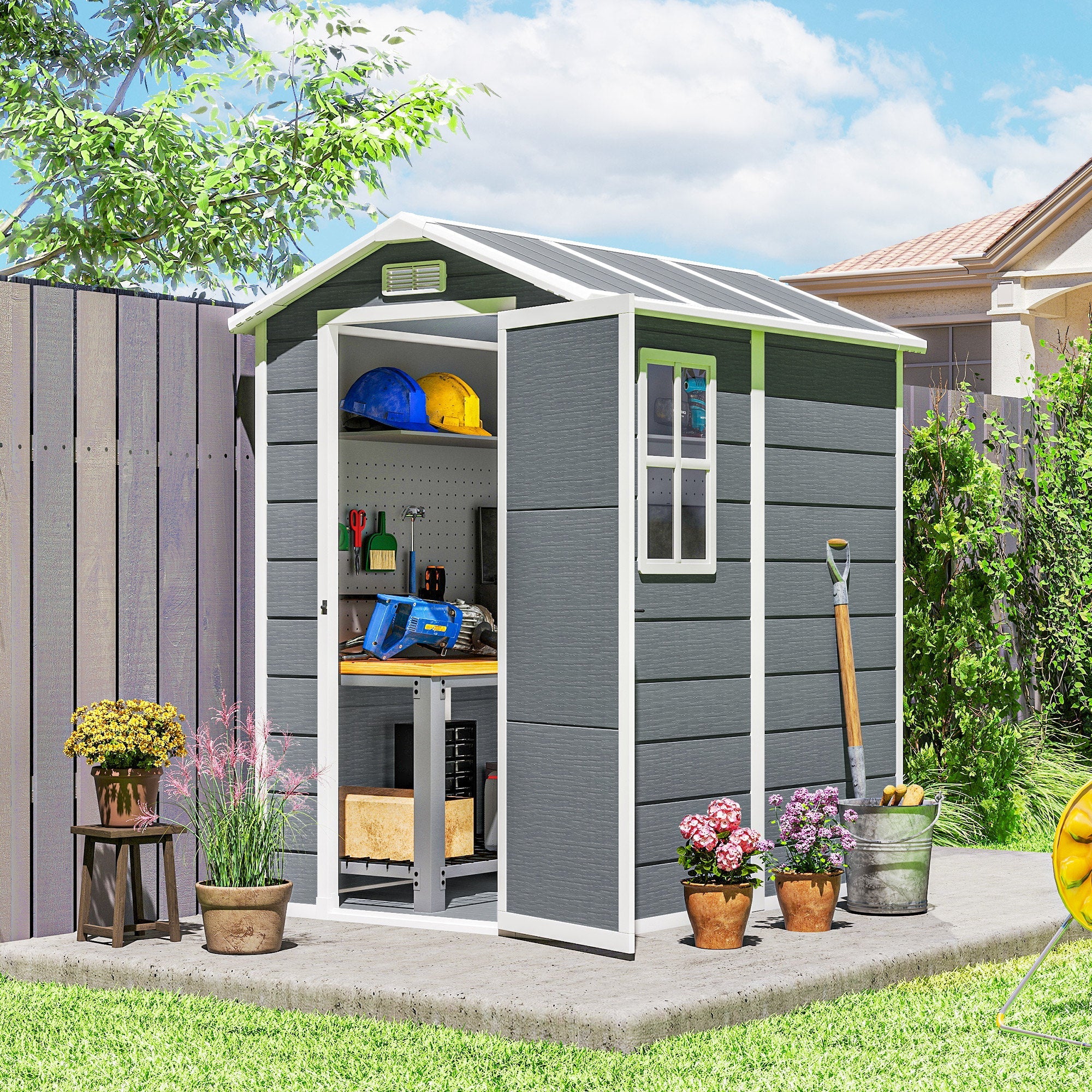 4 x 6ft Garden Shed, Plastic Shed with Floor, Window, Lockable Door and Vents, Resin Tool Shed for Outdoor Patio Storage, Zero Maintenance, Grey Outsunny