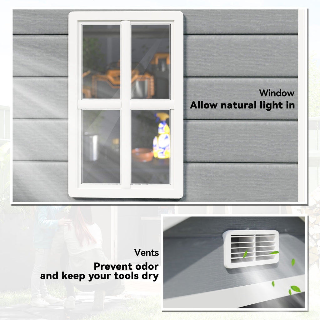 6'x4.5' Garden Storage Shed, Lockable Garden Shed with Double Doors, Window, Vent and Plastic Roof, Grey Outsunny