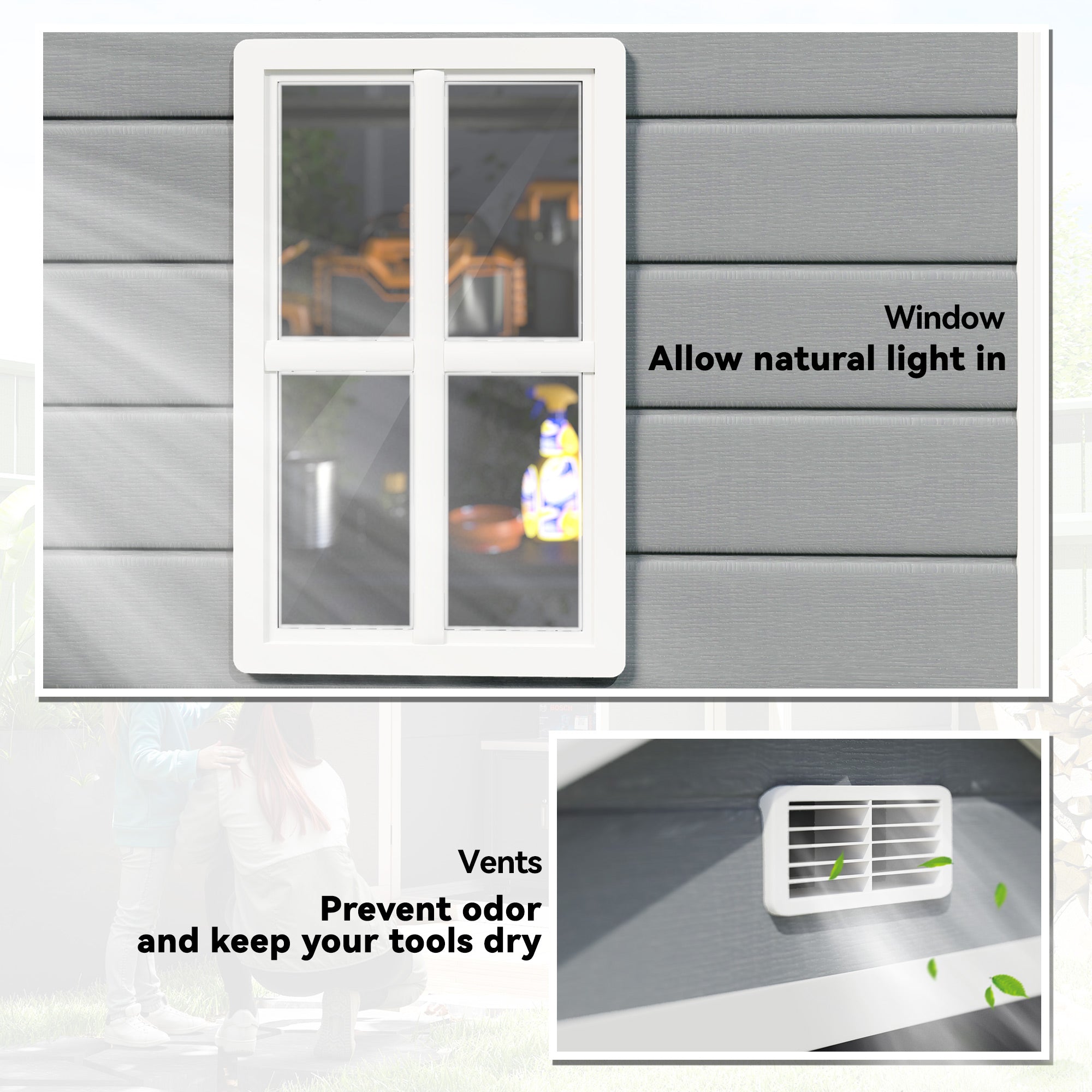 6'x4.5' Garden Storage Shed, Lockable Garden Shed with Double Doors, Window, Vent and Plastic Roof, Grey Outsunny