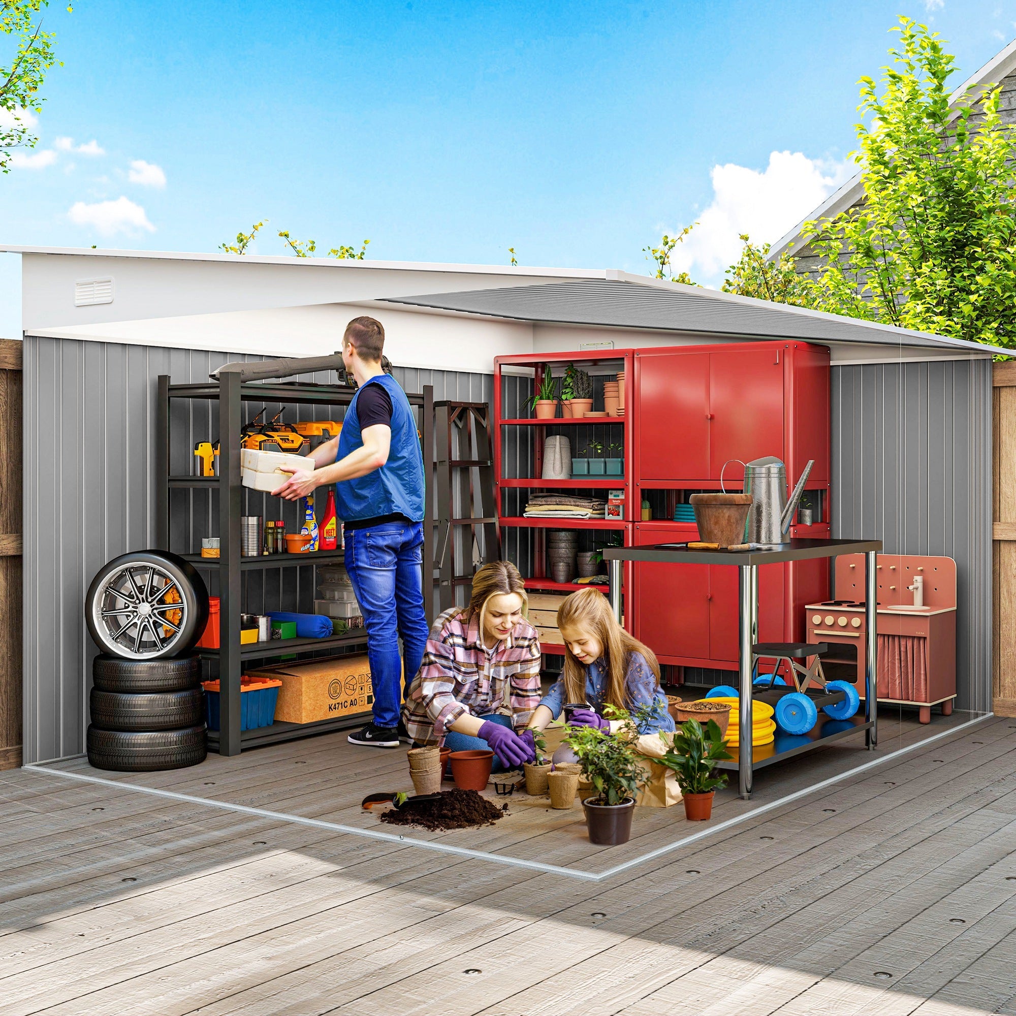 Garden Metal Storage Shed Outdoor Metal Tool House with Double Sliding Doors and 2 Air Vents, 11.3x9.2ft Outsunny