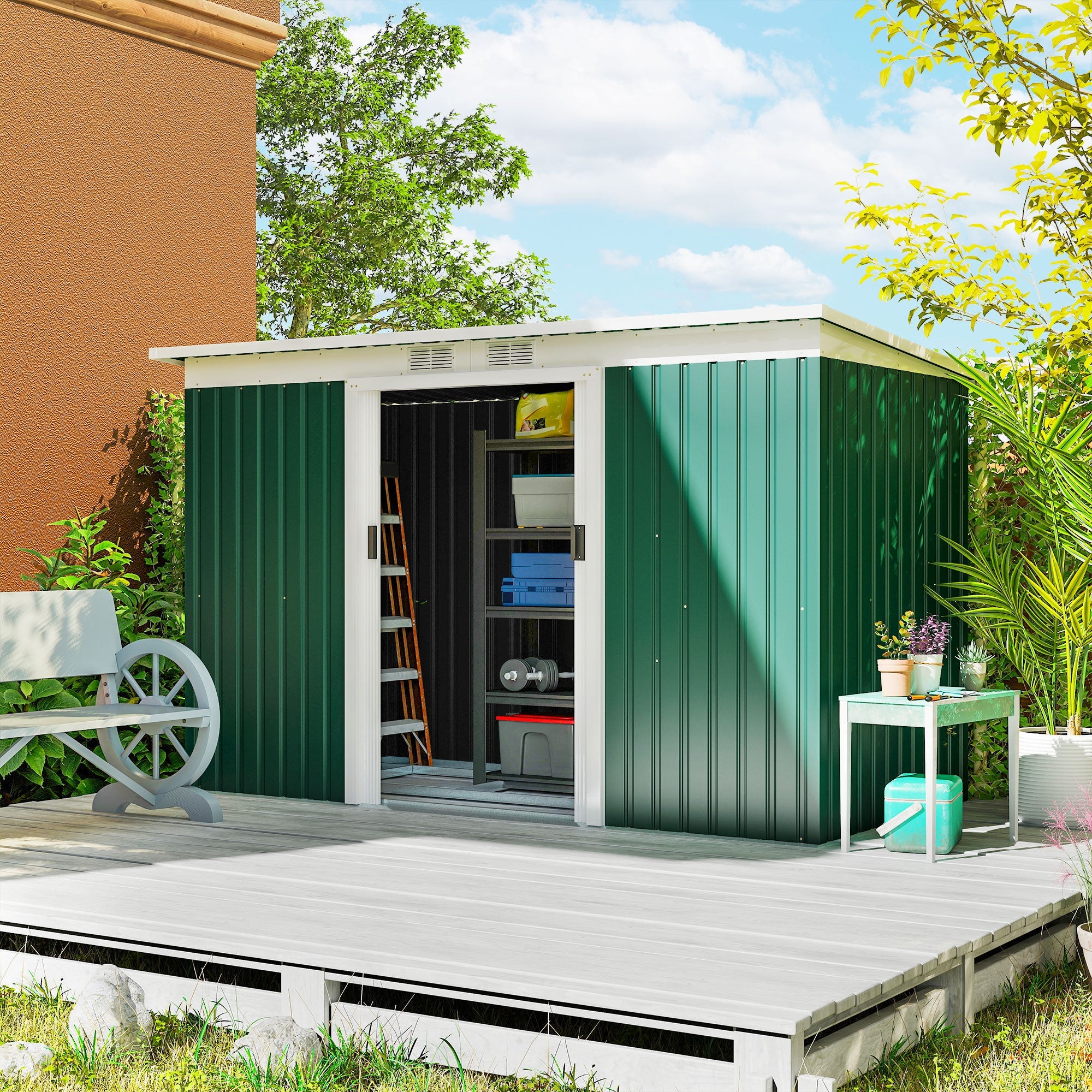 9ft x 4ft Metal Garden Shed, Outdoor Tool House with Foundation Kit, Ventilations and Double Doors Outsunny