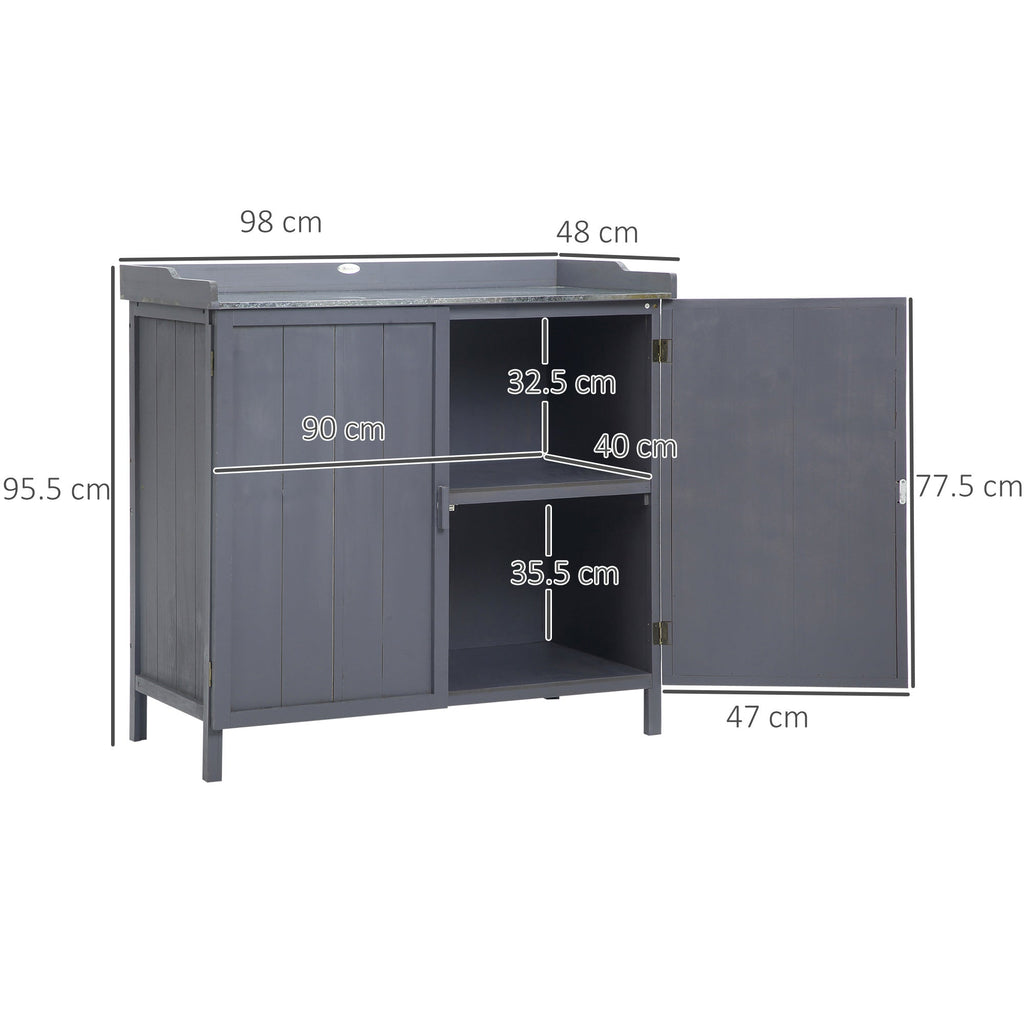 Garden Storage Cabinet, Outdoor Tool Shed, Potting Bench Table with Galvanized Top and Two Shelves for Yard Tools or Pool Accessories Outsunny