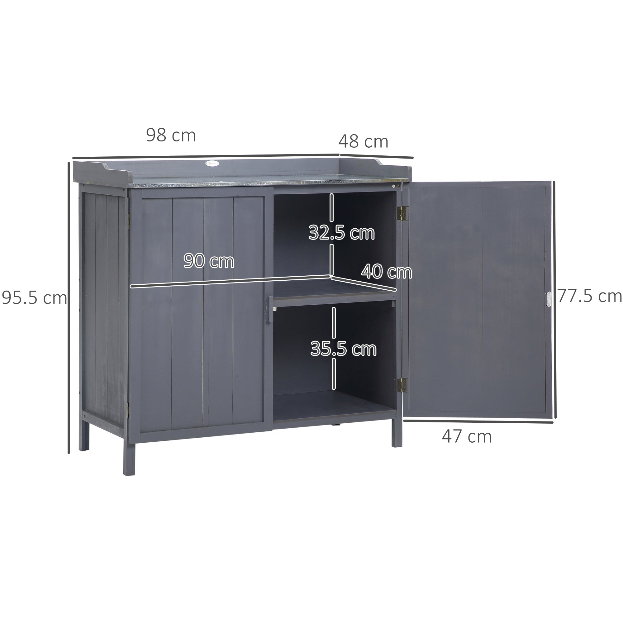 Garden Storage Cabinet, Outdoor Tool Shed, Potting Bench Table with Galvanized Top and Two Shelves for Yard Tools or Pool Accessories Outsunny