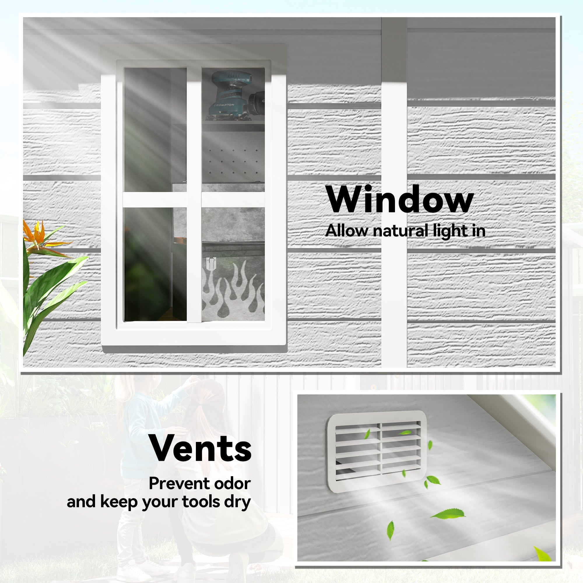 6 x 5ft Garden Shed, Plastic Shed with Floor, Window, Lockable Doors and Vents, Wood Effect Resin Tool Shed for Outdoor Patio Outsunny