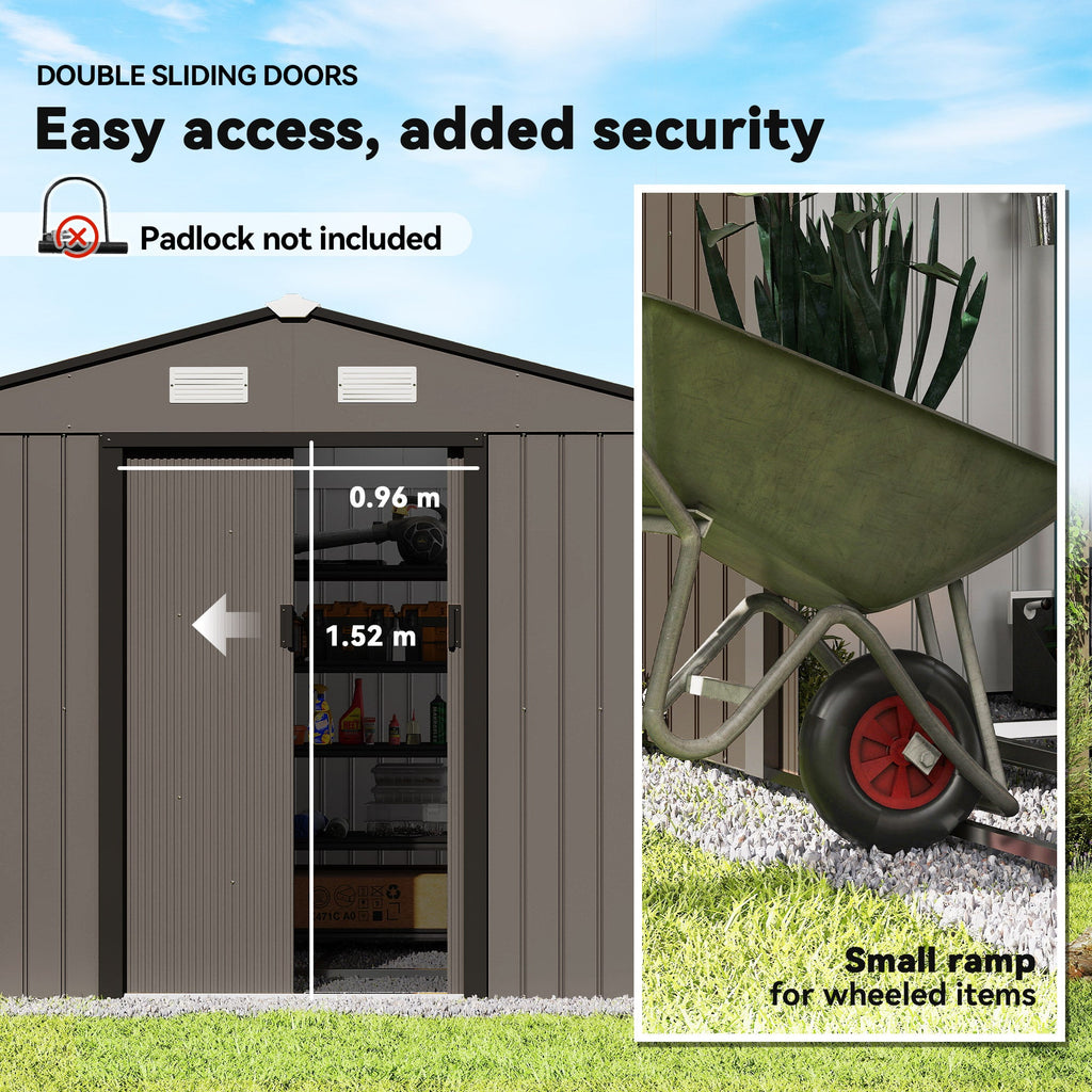 9 x 6ft Metal Garden Shed, Outdoor Storage Tool House with Ventilation Slots, Foundation Kit and Lockable Double Doors Outsunny