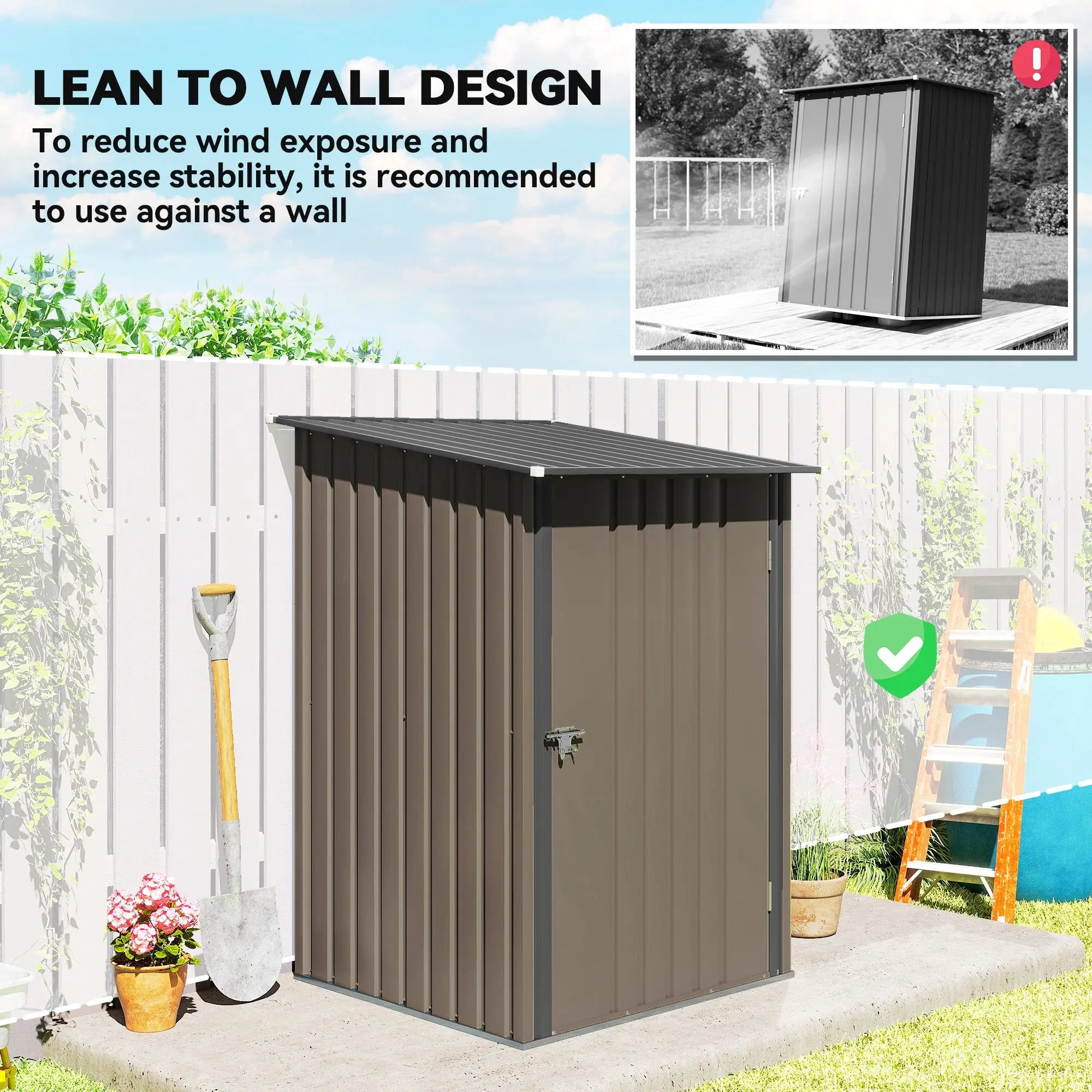 Small Metal Garden Shed 3.3 x 3.4 Lean To Steel Garden Shed with Locking Door, Brown Outsunny