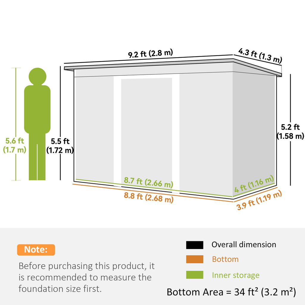 9ft x 4ft Metal Garden Shed, Outdoor Tool House with Foundation Kit, Ventilations and Double Doors Outsunny