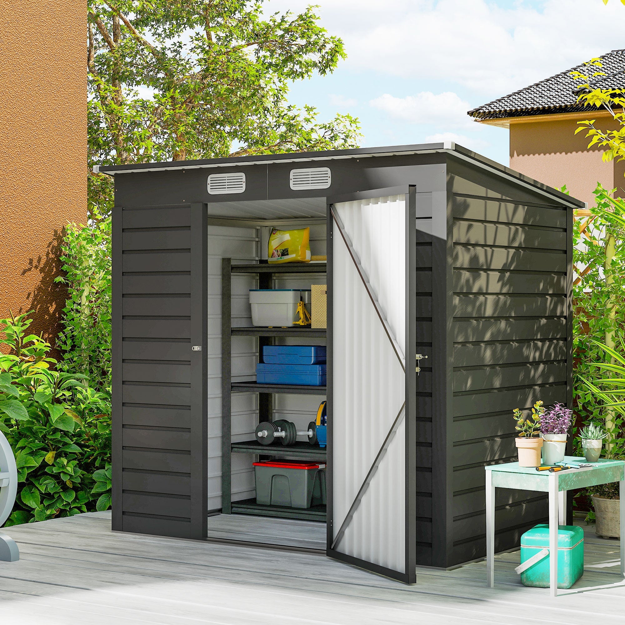4 x 6ft Galvanised Metal Garden Shed, with Locking Door - Grey Outsunny