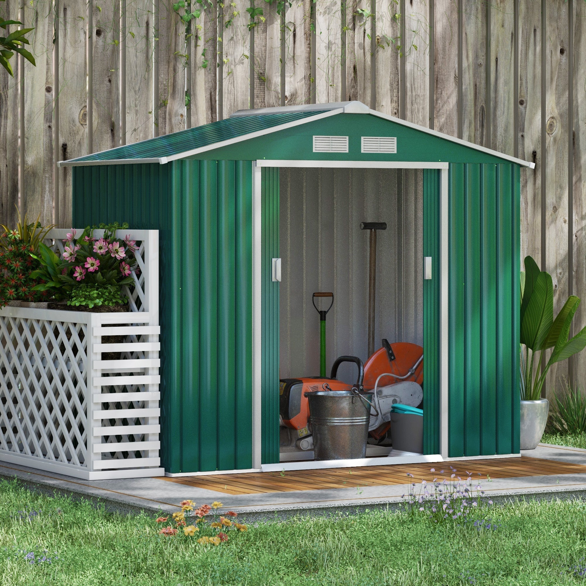7 x 4ft Metal Garden Shed, Outdoor Storage Tool House with Ventilation Slots, Foundation Kit and Lockable Double Doors Outsunny