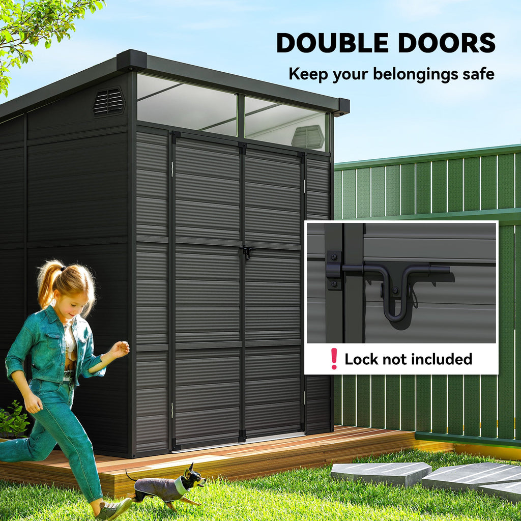 6 x 6ft Outdoor Storage Shed, Plastic Garden Shed with Windows and Air Vents, Outdoor Resin Tool Shed with Latch Doors for Garden, Deck Outsunny