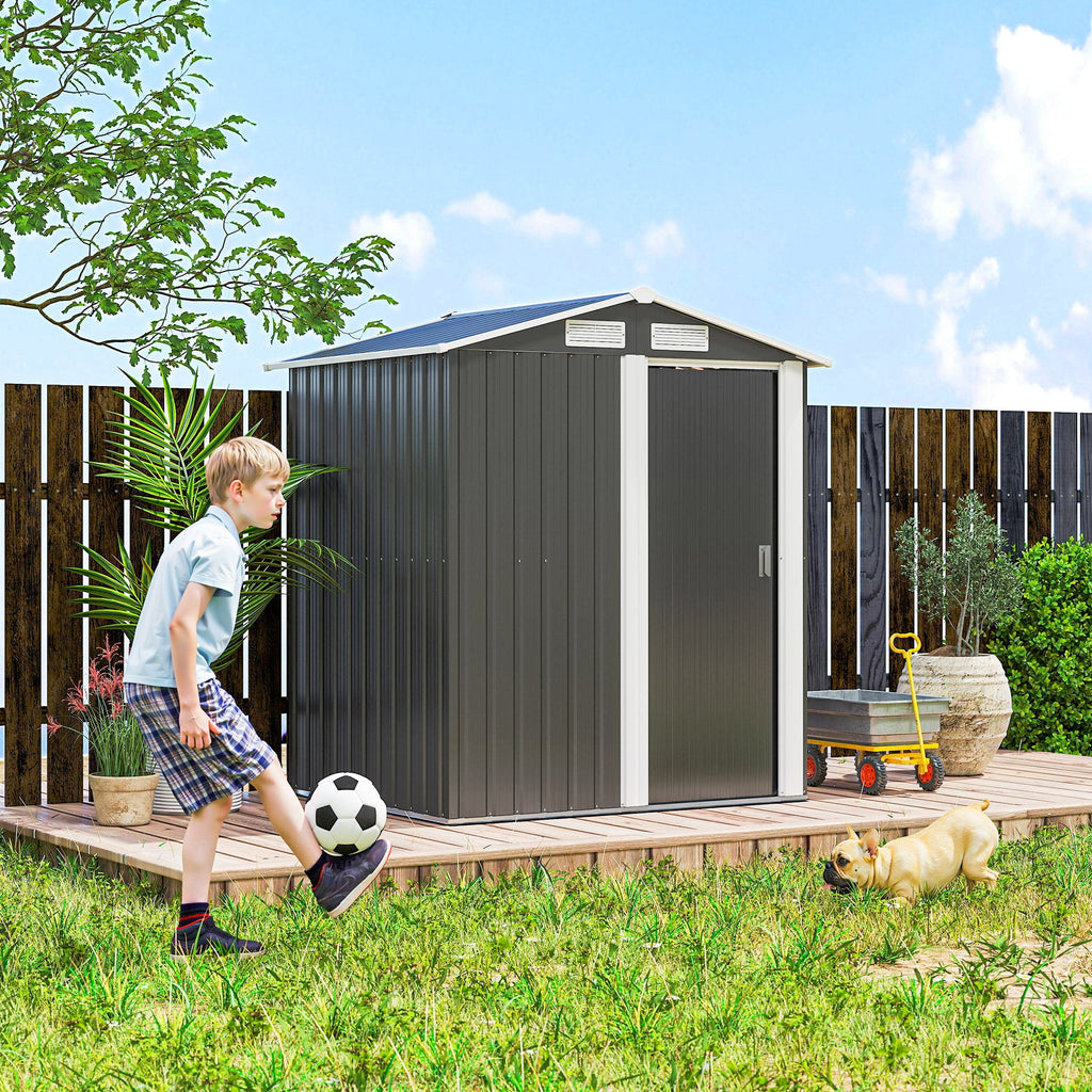 Garden Metal Tool Storage Shed with Sliding Door, Sloped Roof and Foundation Kit, 152 x 132 x 188cm Outsunny