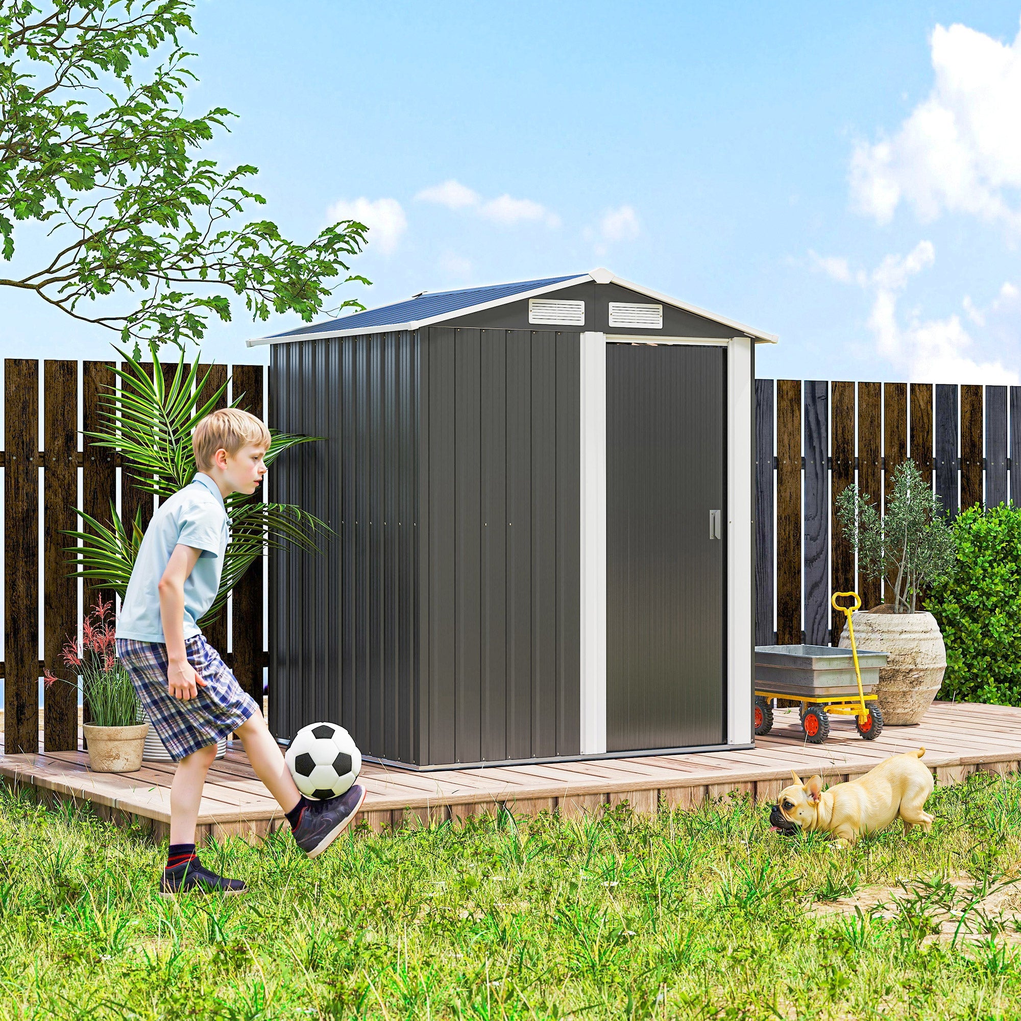 Garden Metal Tool Storage Shed with Sliding Door, Sloped Roof and Foundation Kit, 152 x 132 x 188cm Outsunny