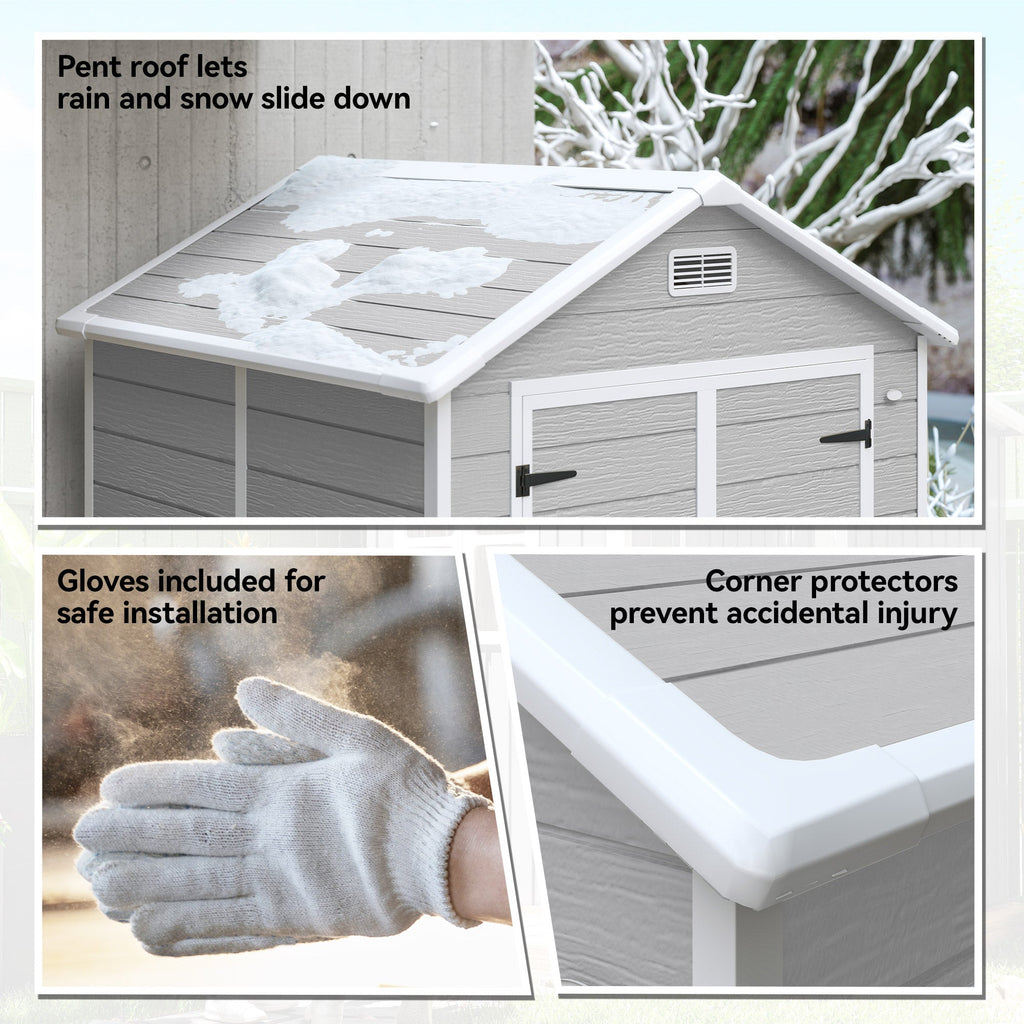 6 x 5ft Garden Shed, Plastic Shed with Floor, Window, Lockable Doors and Vents, Wood Effect Resin Tool Shed for Outdoor Patio Outsunny