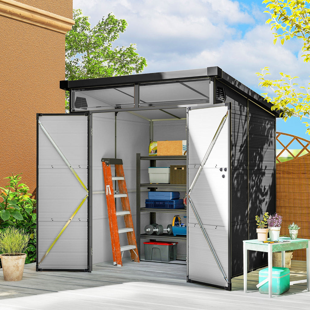 6 x 6ft Outdoor Storage Shed, Plastic Garden Shed with Windows and Air Vents, Outdoor Resin Tool Shed with Latch Doors for Garden, Deck Outsunny