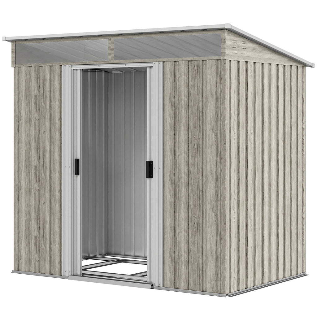 6.5 x 4FT Galvanised Metal Shed with Foundation Kit, Lockable Tool Garden Shed with Double Sliding Doors, Vents Wood Effect Outsunny