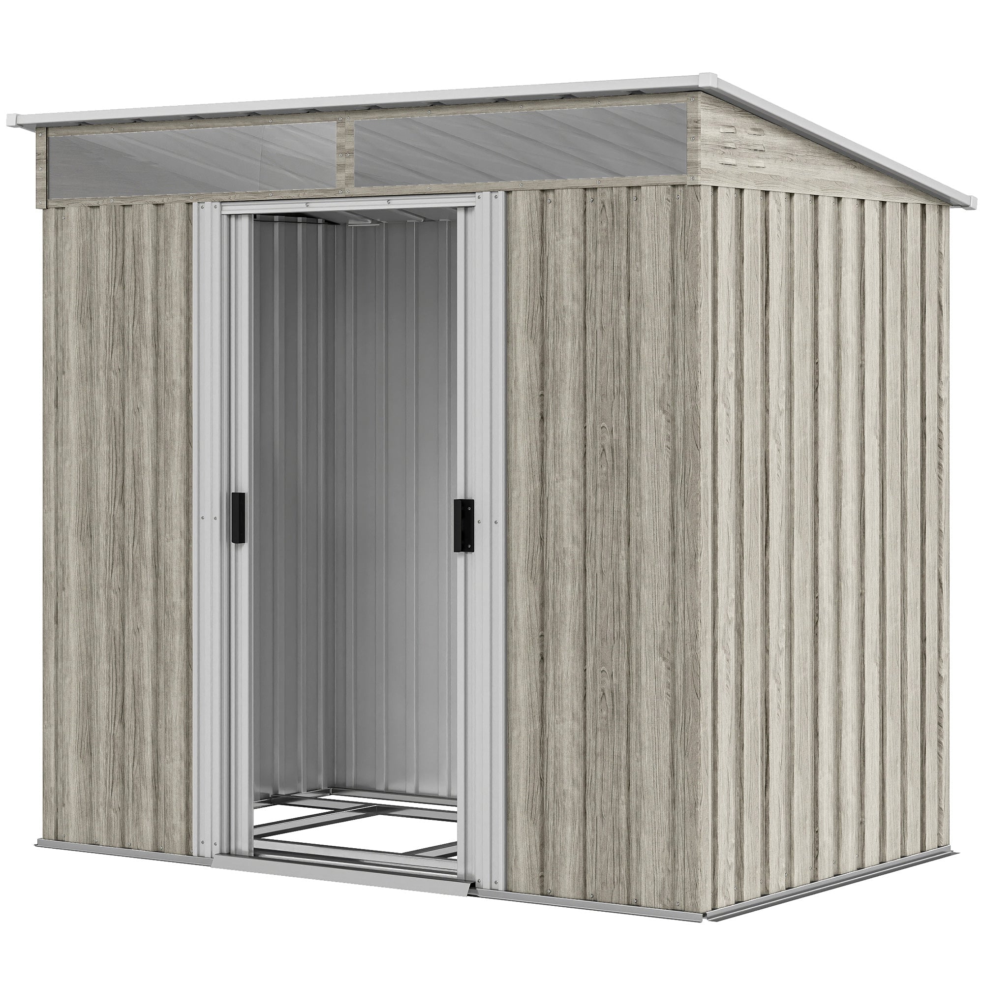 6.5 x 4FT Galvanised Metal Shed with Foundation Kit, Lockable Tool Garden Shed with Double Sliding Doors, Vents Wood Effect Outsunny