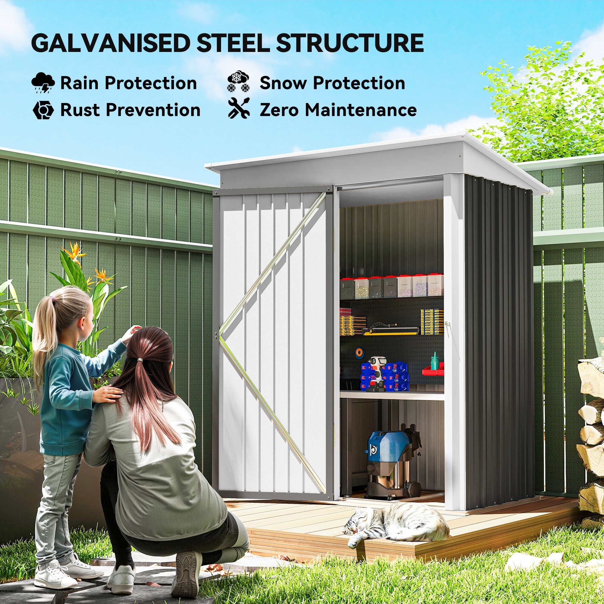 Metal Garden Shed, Outdoor Lean-to Shed for Tool Motor Bike, with Adjustable Shelf, Lock, Gloves, 5'x3'x6' Outsunny