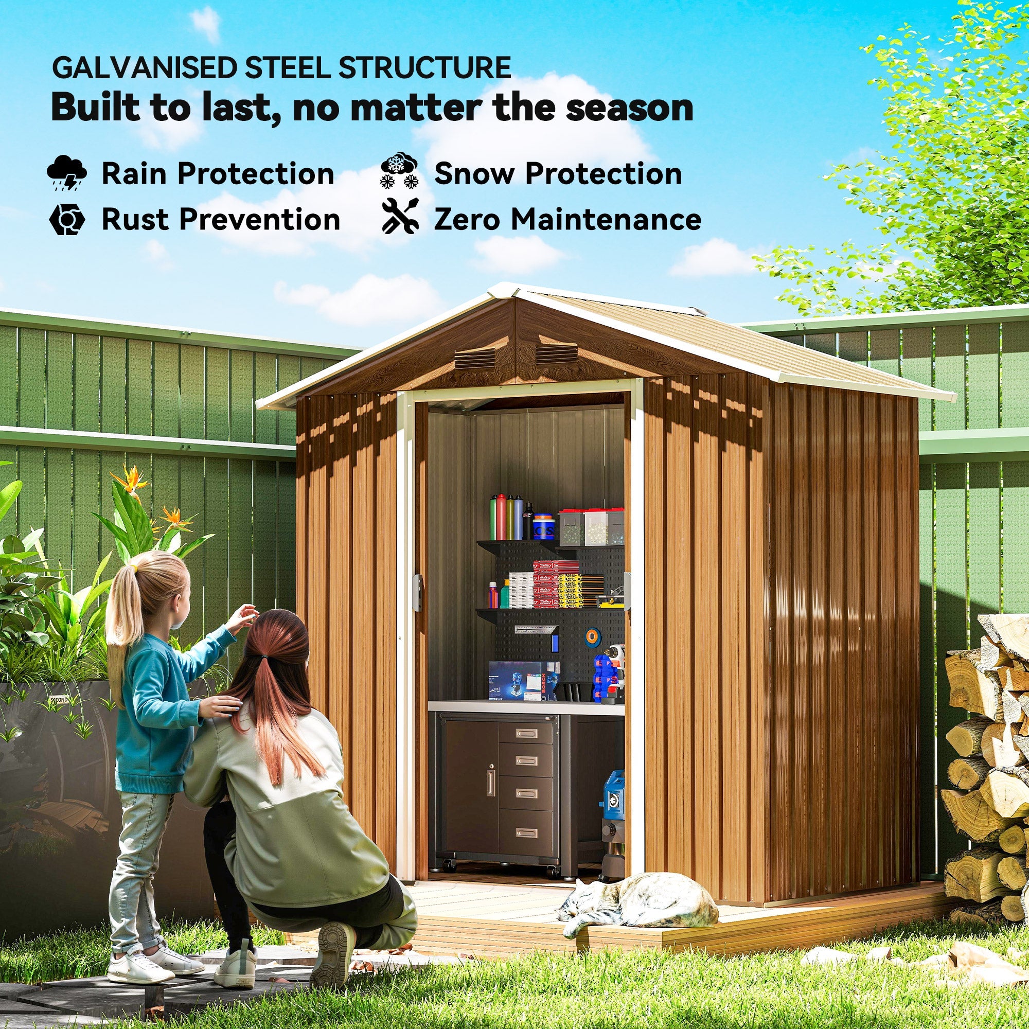 6.5 x 3.5ft Metal Garden Storage Shed - Brown Wood Effect Outsunny