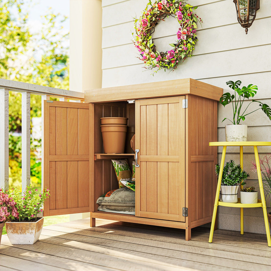 Small Shed, Wooden Garden Shed with Openable Hinged Roof and Removable Shelf, Outdoor Tool Storage Cabinet Chest with Double Doors, 74 x 43 x 88 cm, Natural Wood Finish Outsunny