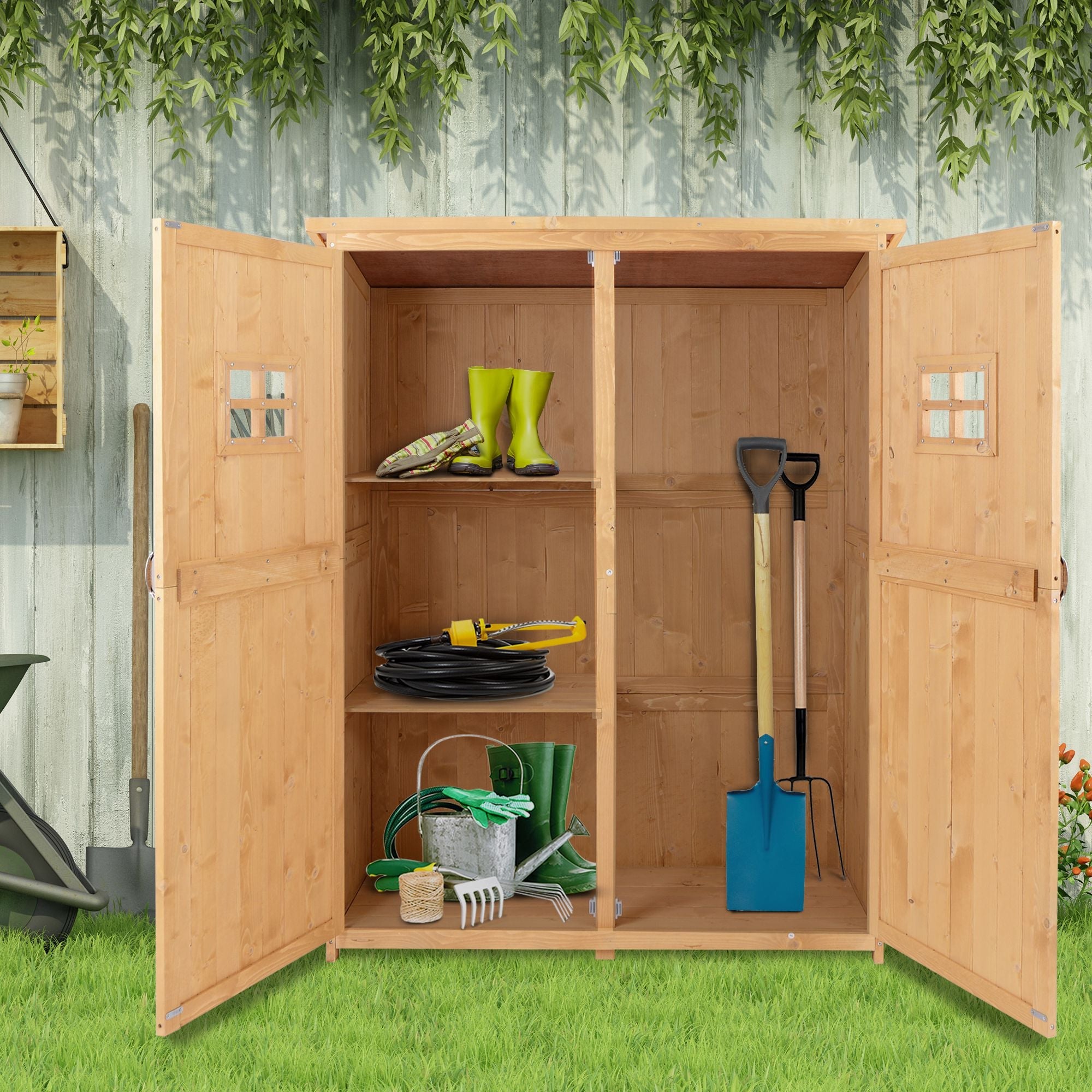 Wooden Garden Shed with Two Windows, Tool Storage Cabinet, Outdoor Double Door Organizer 127.5L x 50W x 164H cm, Natural Outsunny